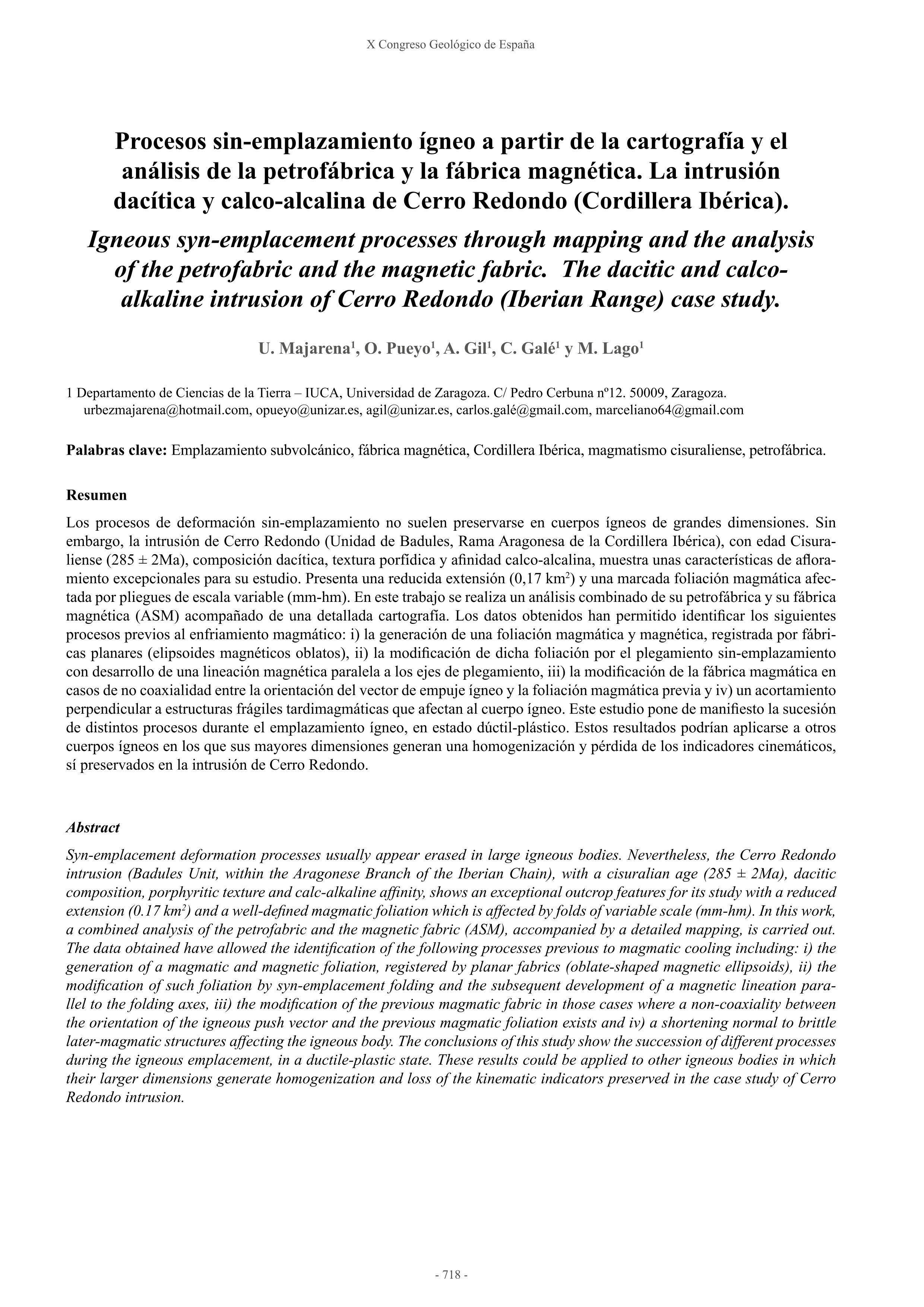 Procesos sin-emplazamiento ígneo a partir de la cartografía y el análisis de la petrofábrica y la fábrica magnética. La intrusión dacítica y calco-alcalina de Cerro Redondo (Cordillera Ibérica)