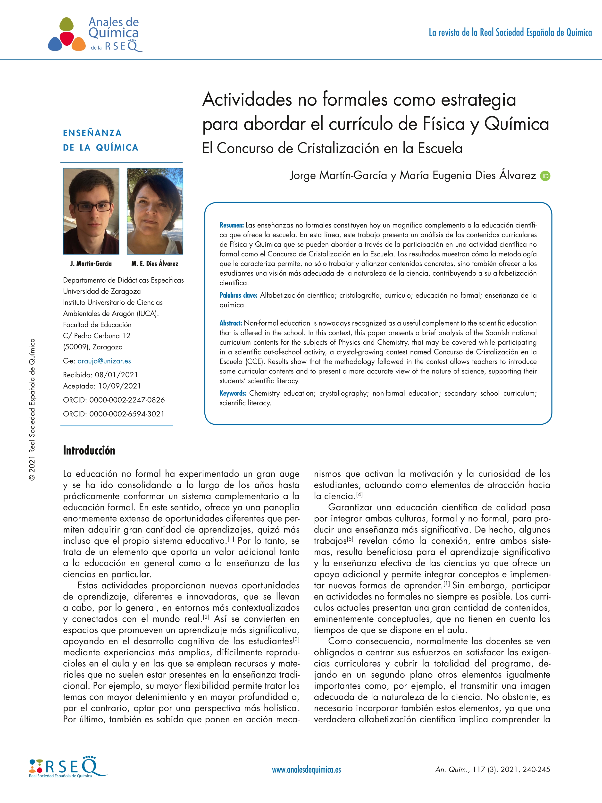 Actividades no formales como estrategia para abordar el currículo de Física y Química.  El Concurso de Cristalización en la Escuela