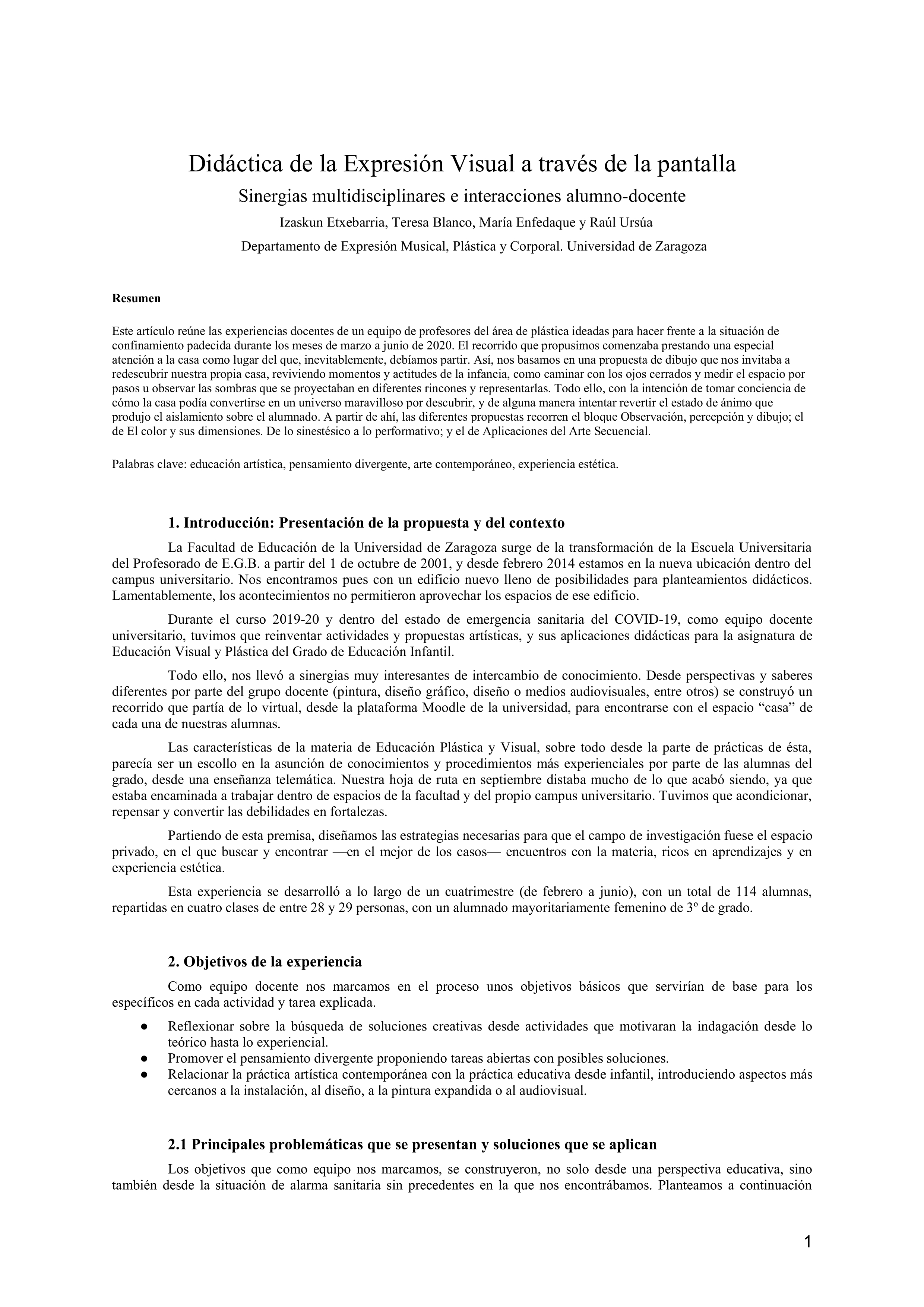 Didáctica de la Expresión Visual a través de la pantalla