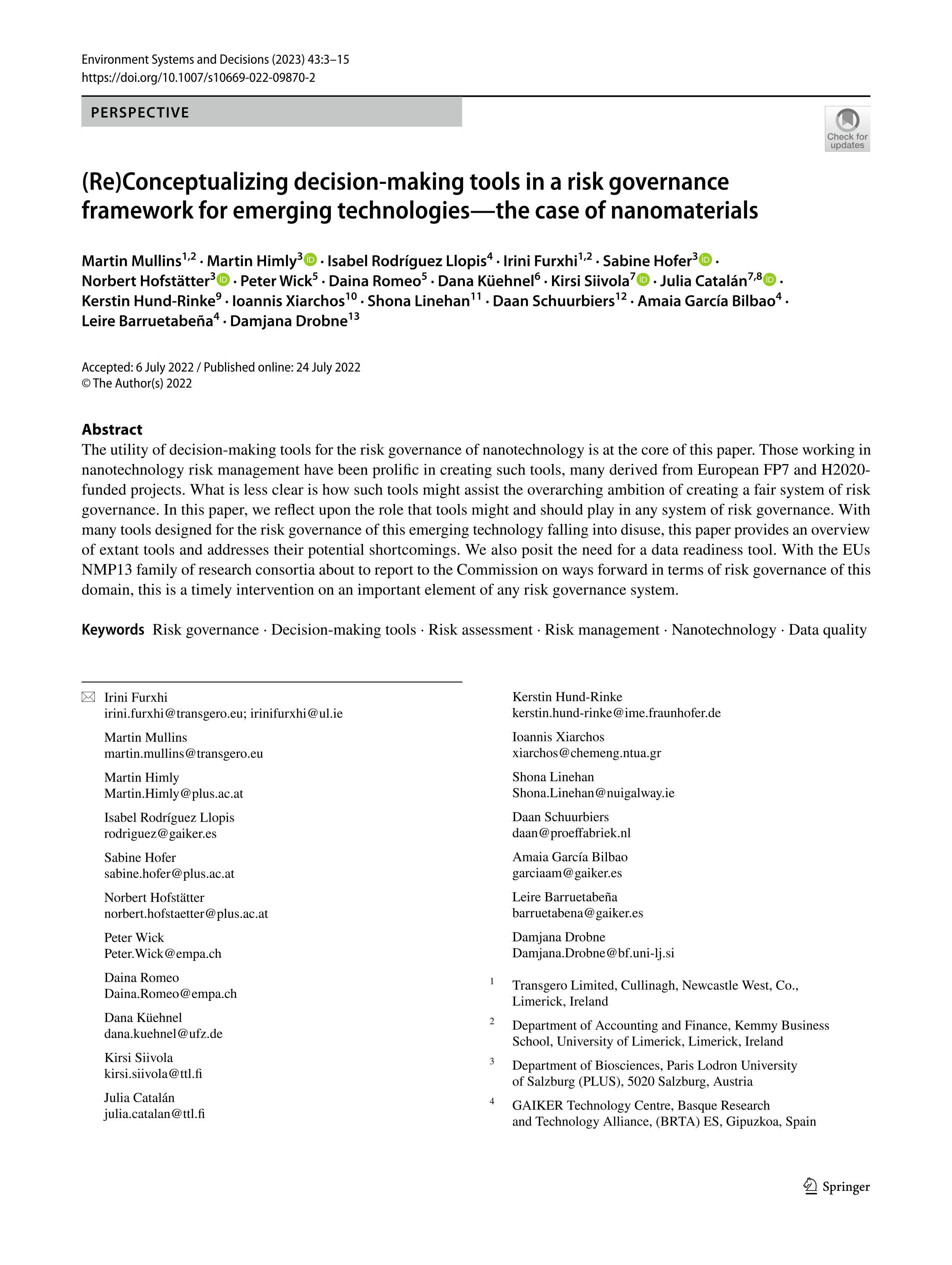 (Re)Conceptualizing decision-making tools in a risk governance framework for emerging technologies—the case of nanomaterials