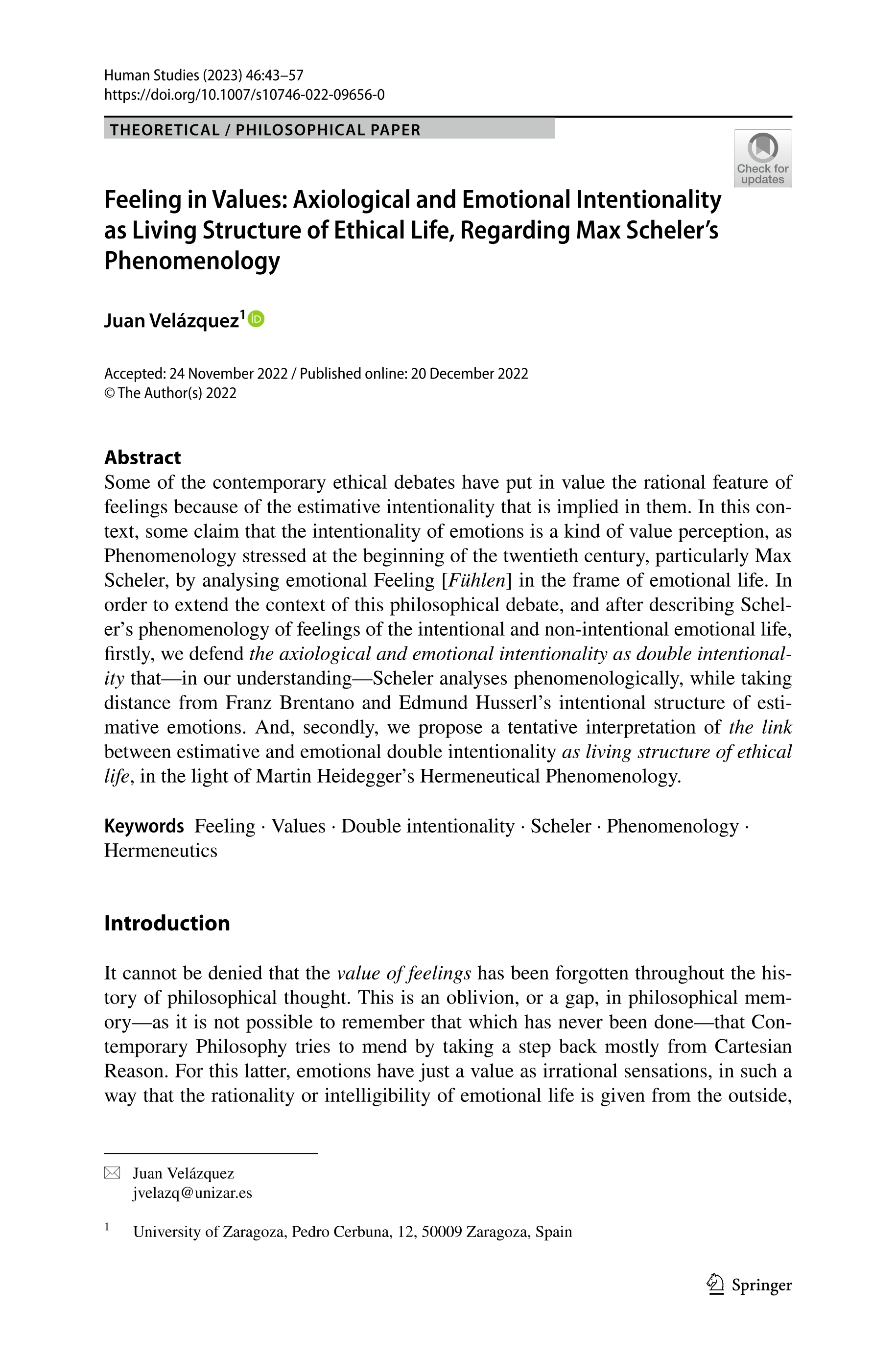 Feeling in values: axiological and emotional intentionality as living structure of ethical life, regarding Max Scheler's phenomenology