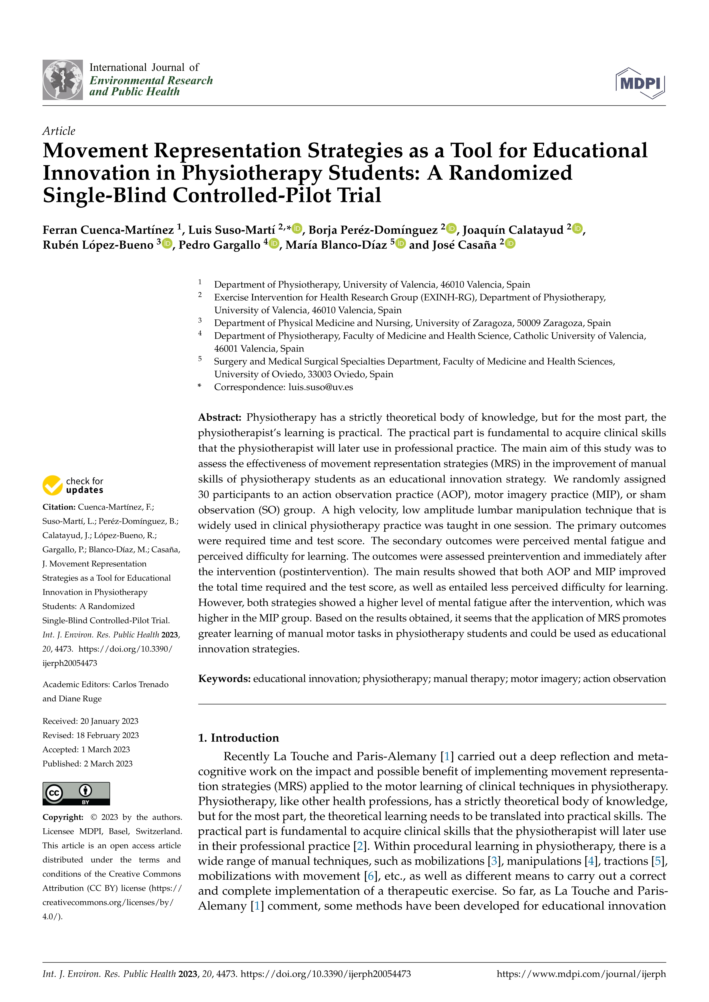 Movement representation strategies as a tool for educational innovation in physiotherapy students: a randomized single-blind controlled-pilot trial