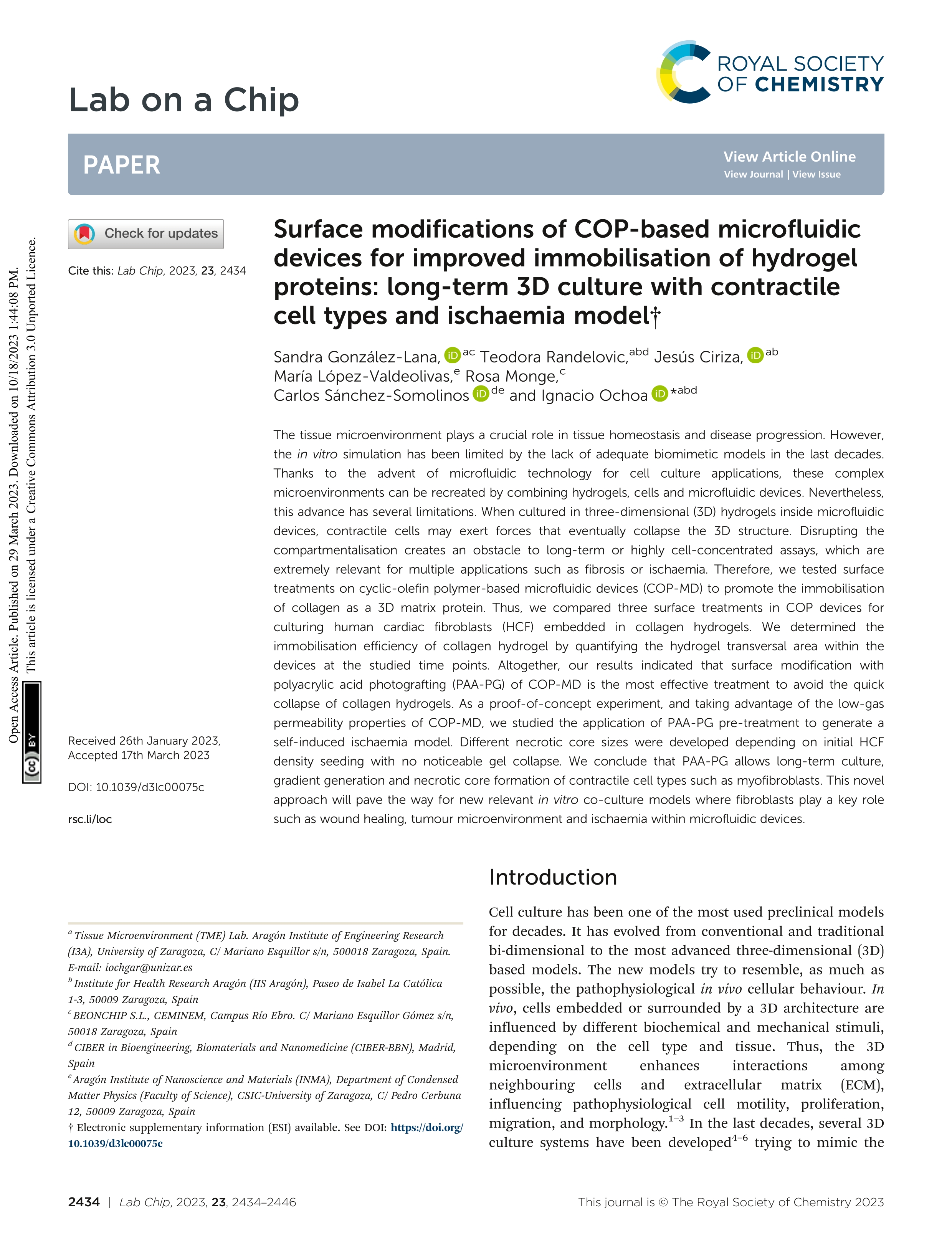 Surface modifications of COP-based microfluidic devices for improved immobilisation of hydrogel proteins: long-term 3D culture with contractile cell types and ischaemia model