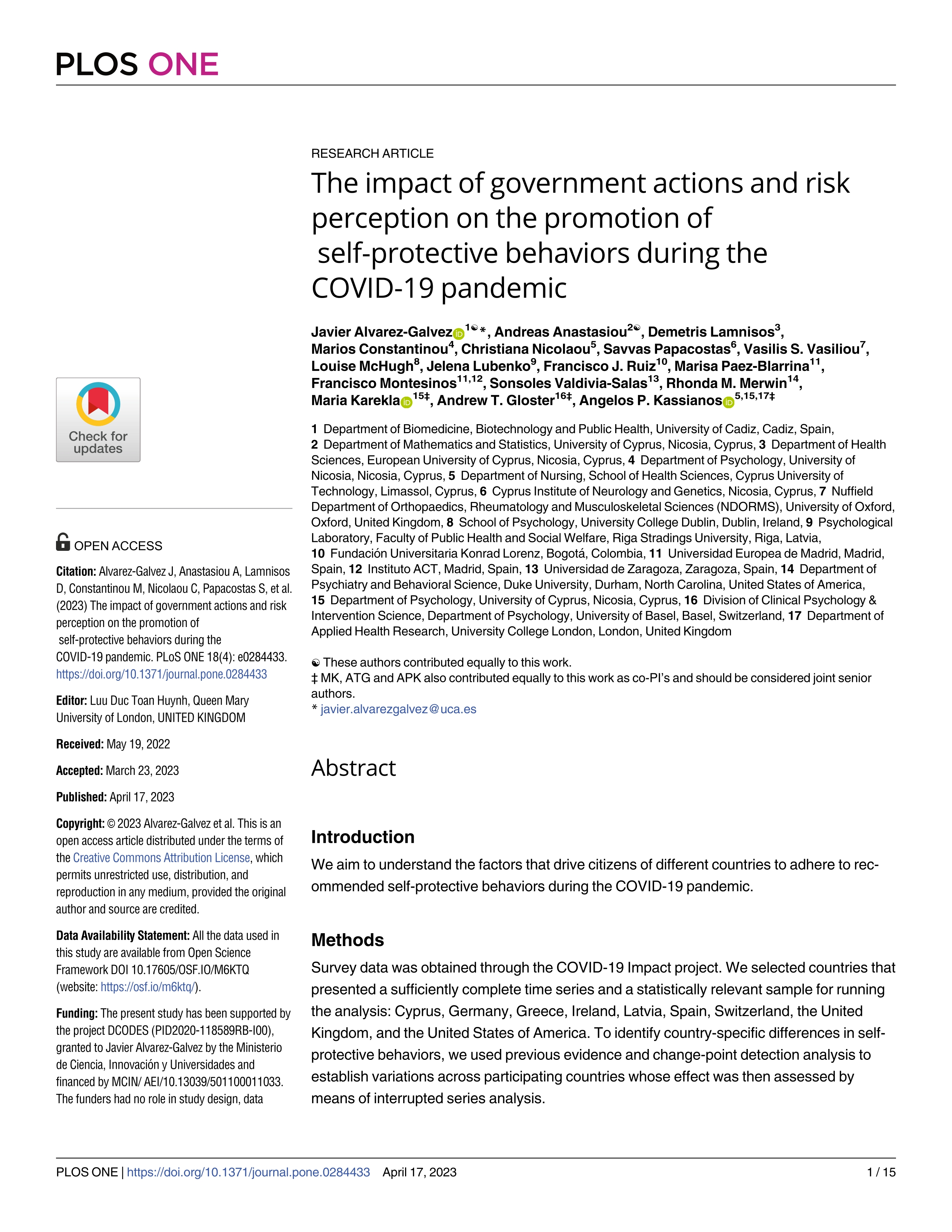 The impact of government actions and risk perception on the promotion of self-protective behaviors during the COVID-19 pandemic