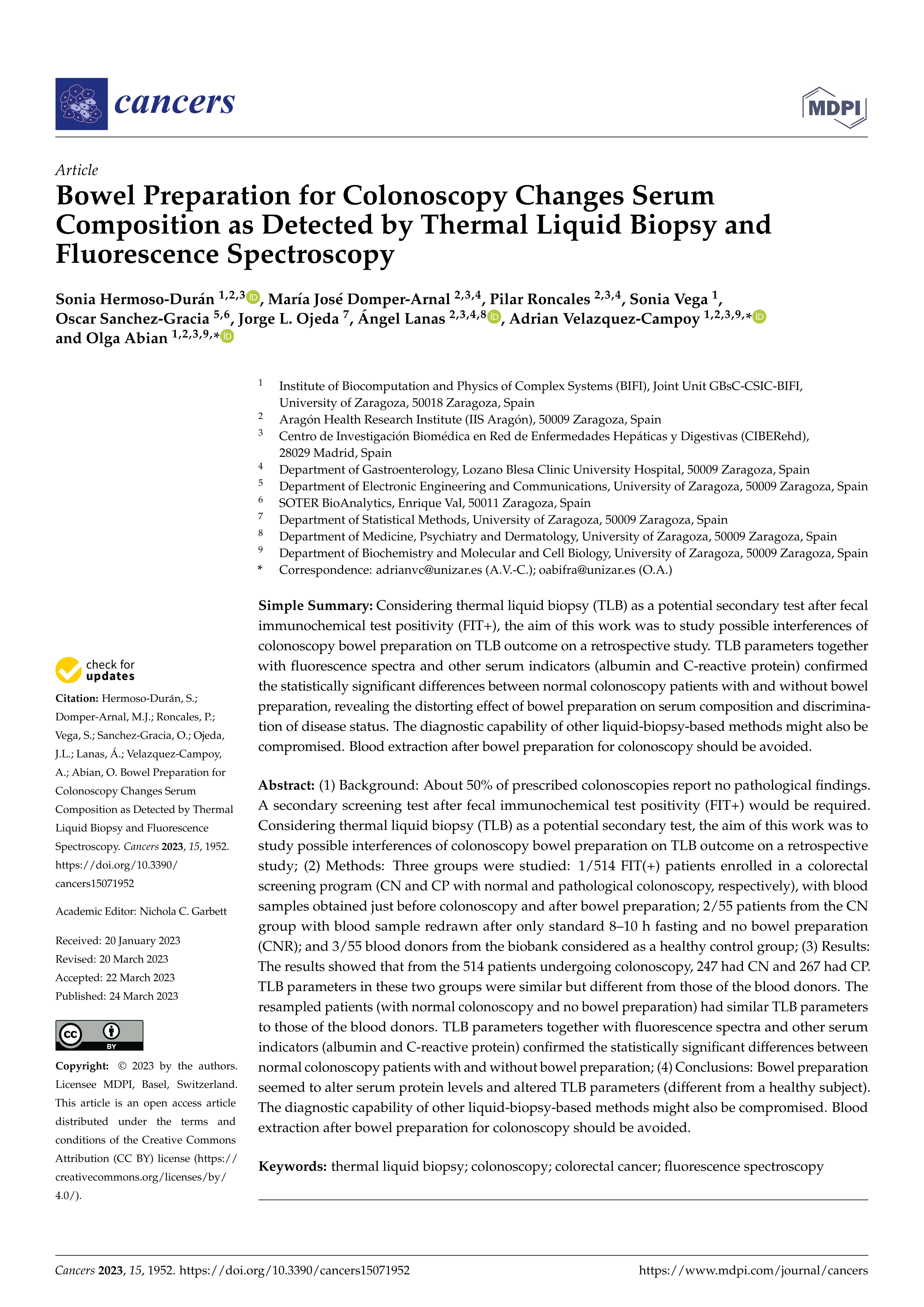 Bowel preparation for colonoscopy changes serum composition as detected by thermal liquid biopsy and fluorescence spectroscopy