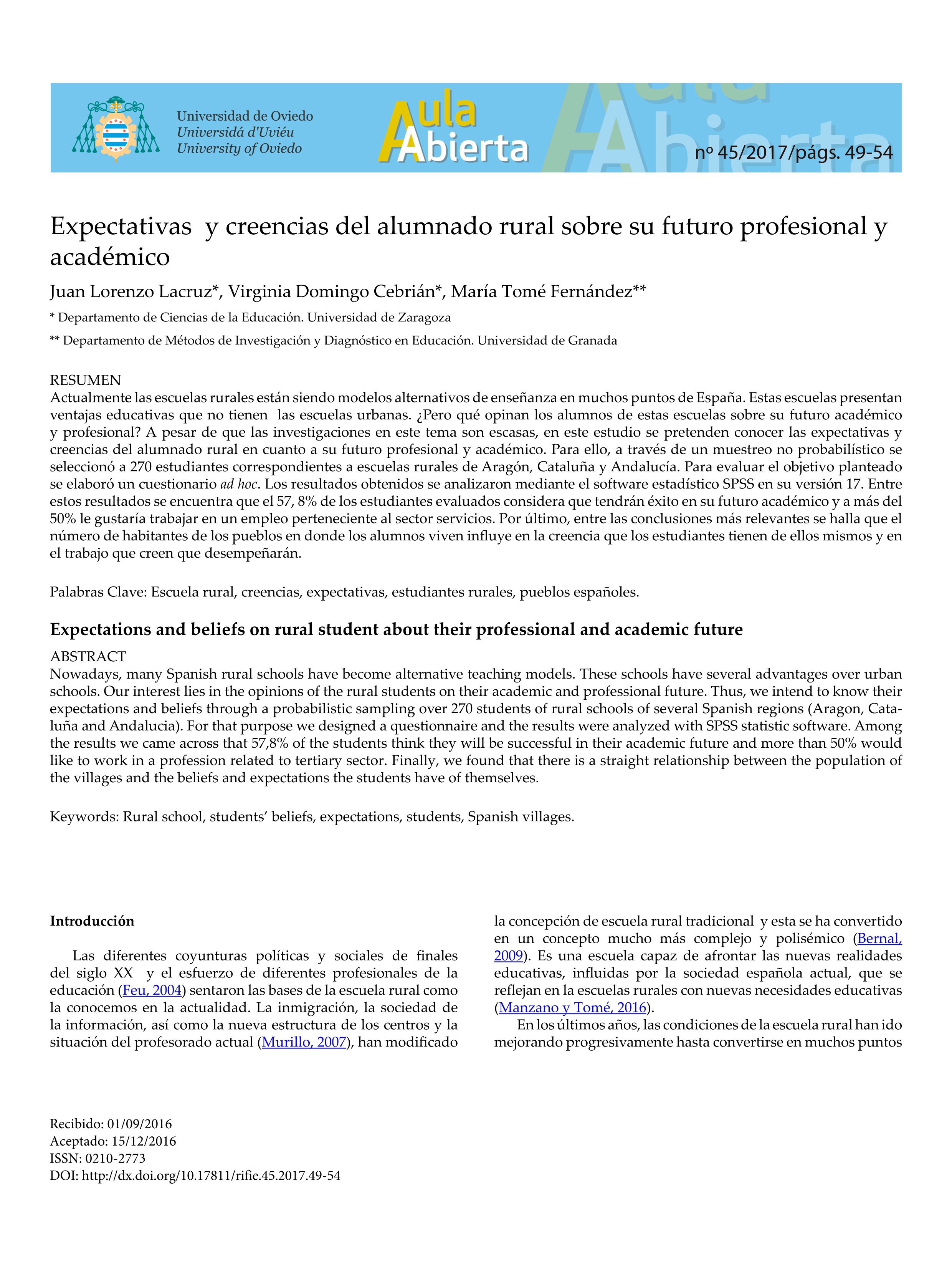 Expectativas y creencias del alumnado rural sobre su futuro profesional y académico