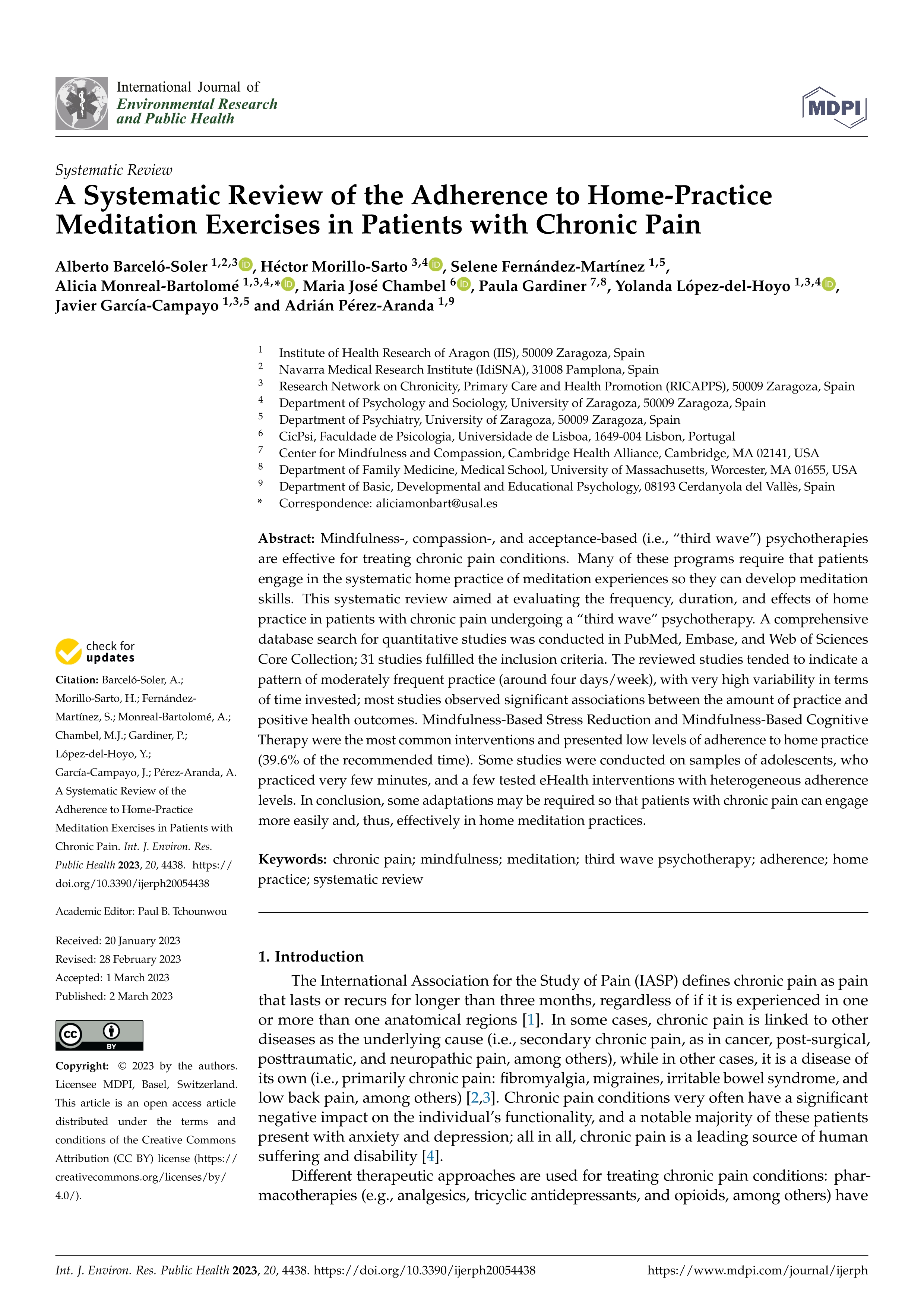 A systematic review of the adherence to home-practice meditation exercises in patients with chronic pain