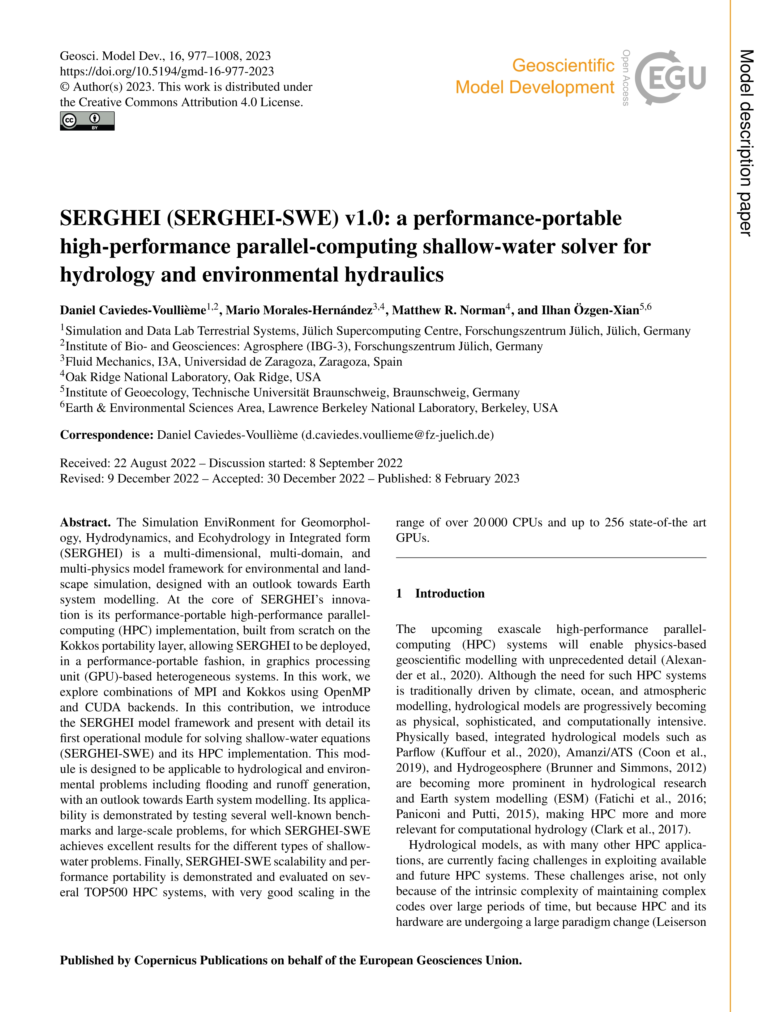 SERGHEI (SERGHEI-SWE) v1.0: a performance-portable high-performance parallel-computing shallow-water solver for hydrology and environmental hydraulics