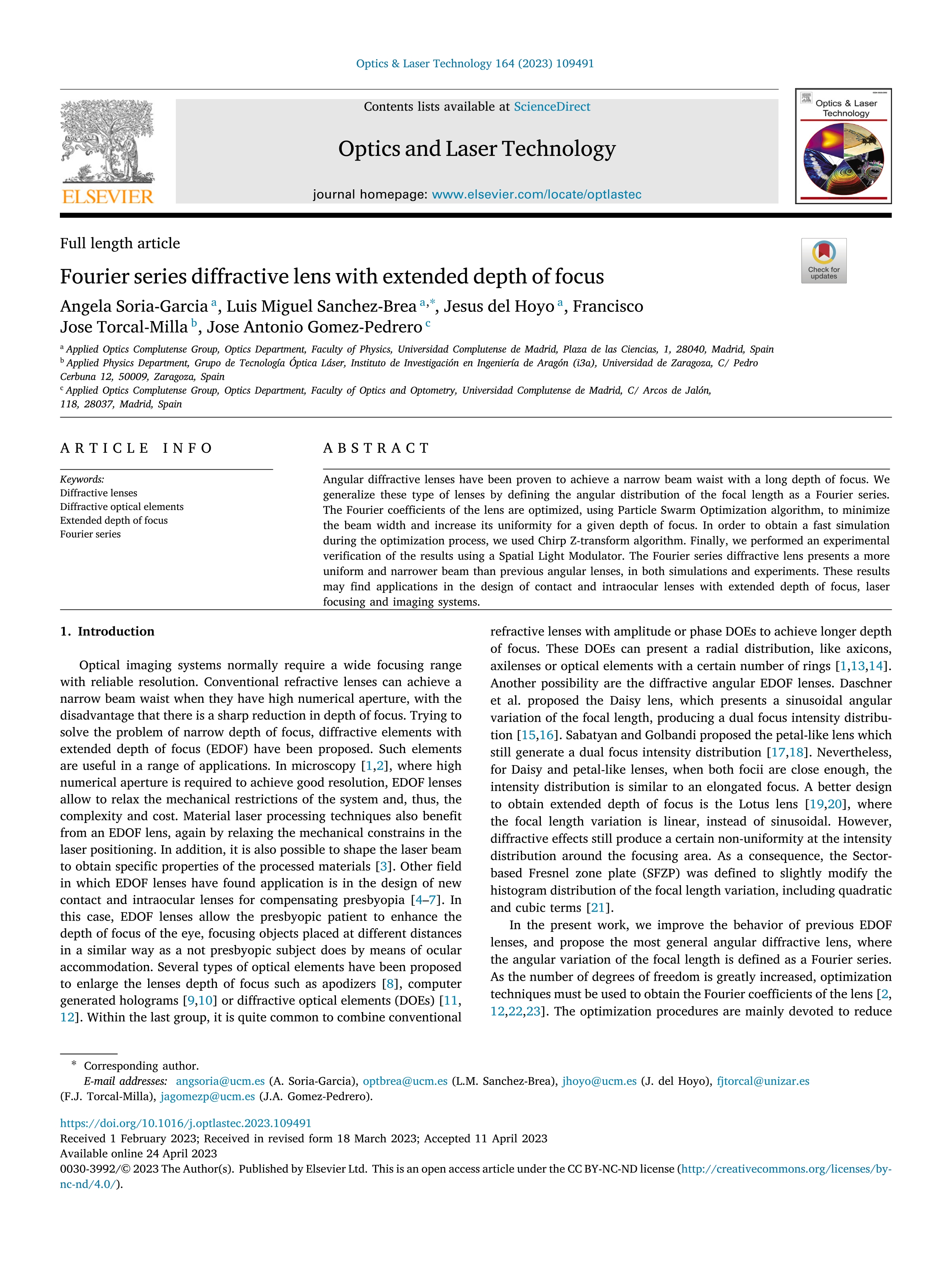 Fourier series diffractive lens with extended depth of focus