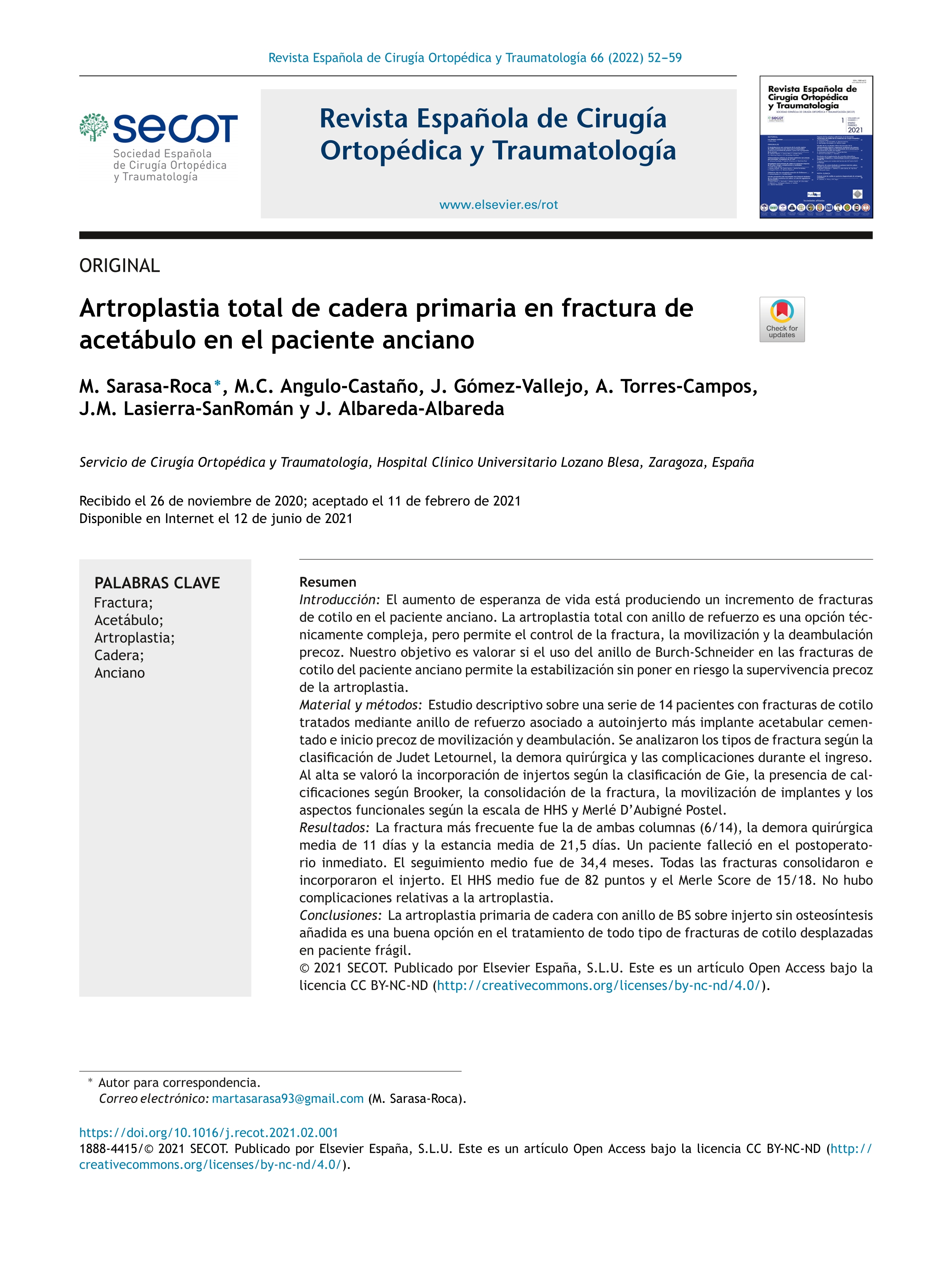 Artroplastia total de cadera primaria en fractura de acetábulo en el paciente anciano