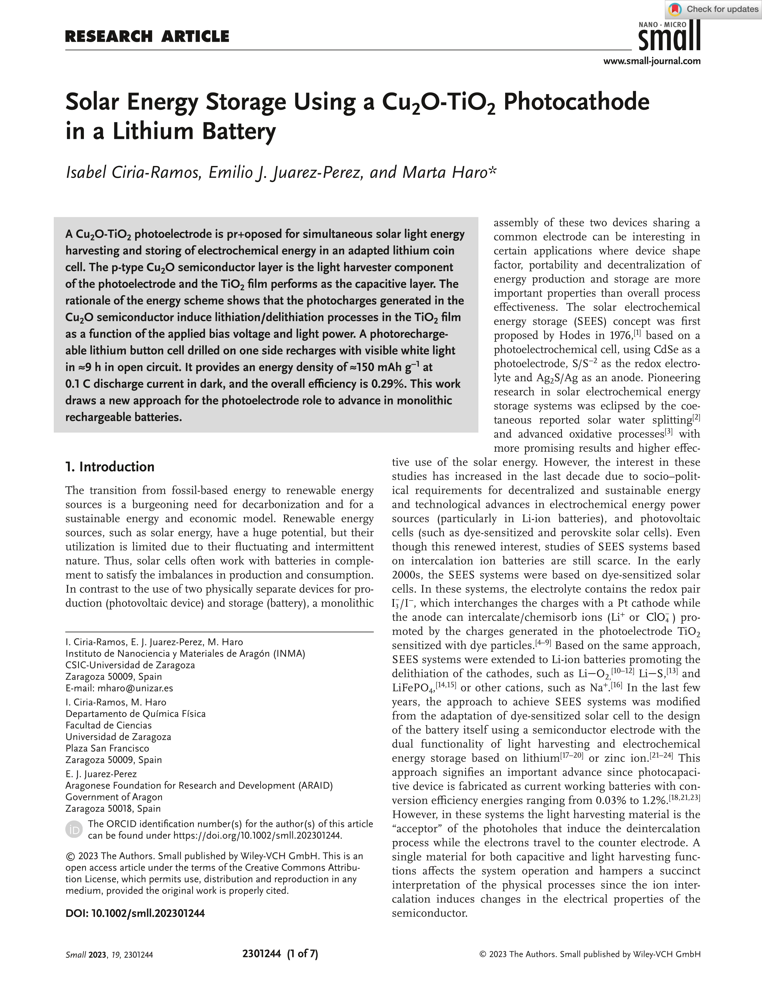 Solar energy storage using a Cu2O-TiO photocathode in a lithium battery