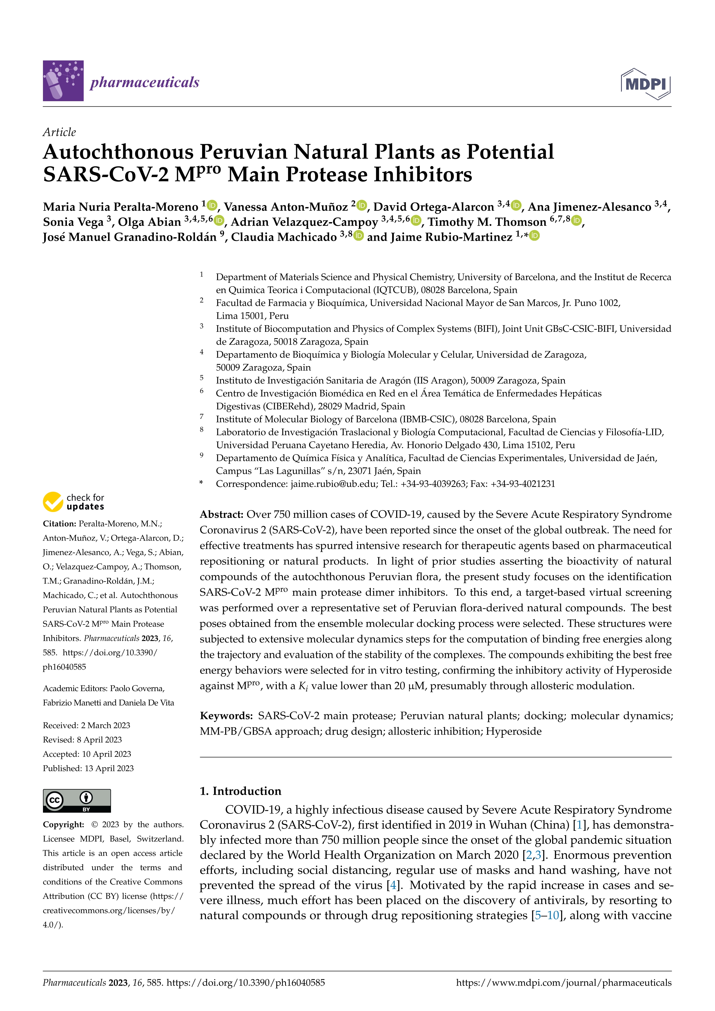 Autochthonous Peruvian natural plants as potential SARS-CoV-2 Mpro main protease inhibitors