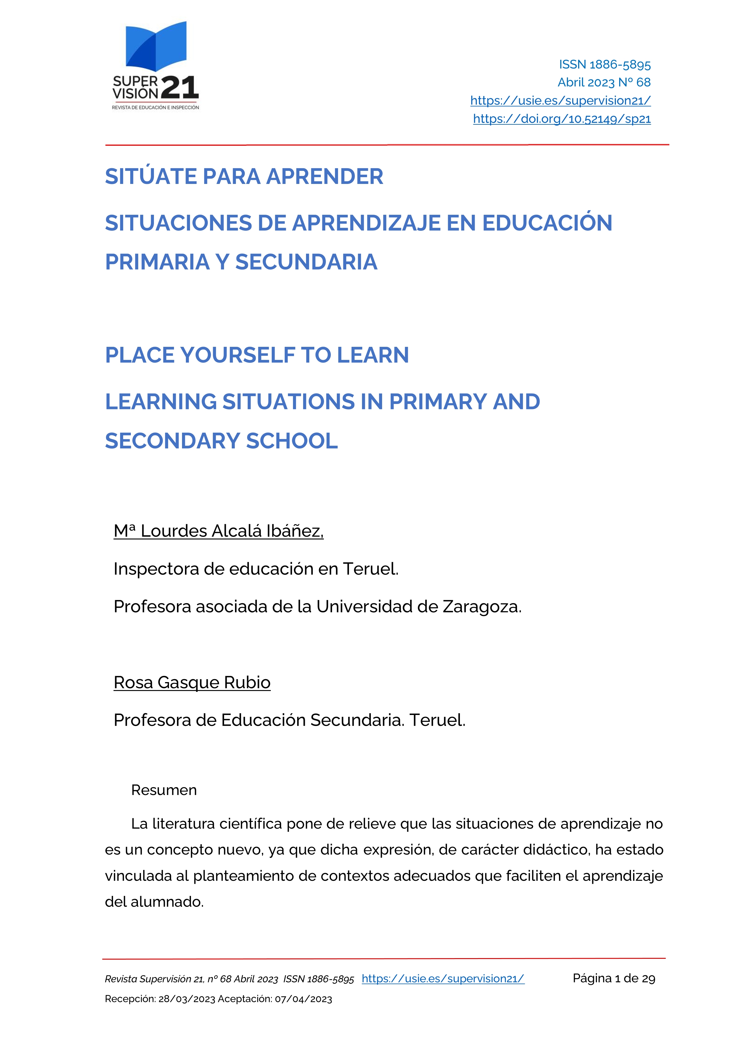 Sitúate para aprender. Situaciones de aprendizaje en educación primaria y secundaria