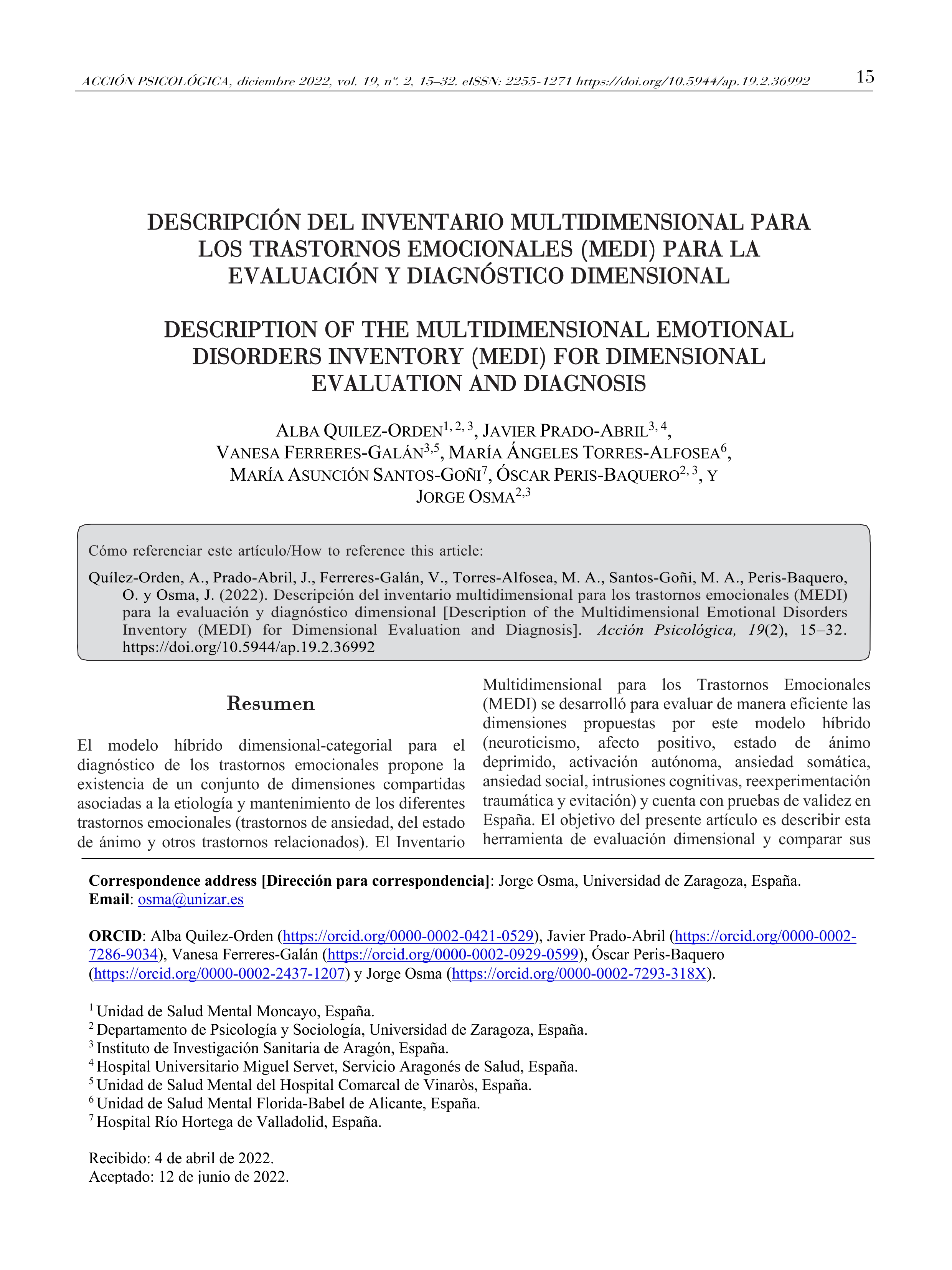 Descripción del inventario multidimensional para los trastornos emocionales (MEDI) para la evaluación y diagnóstico dimensional