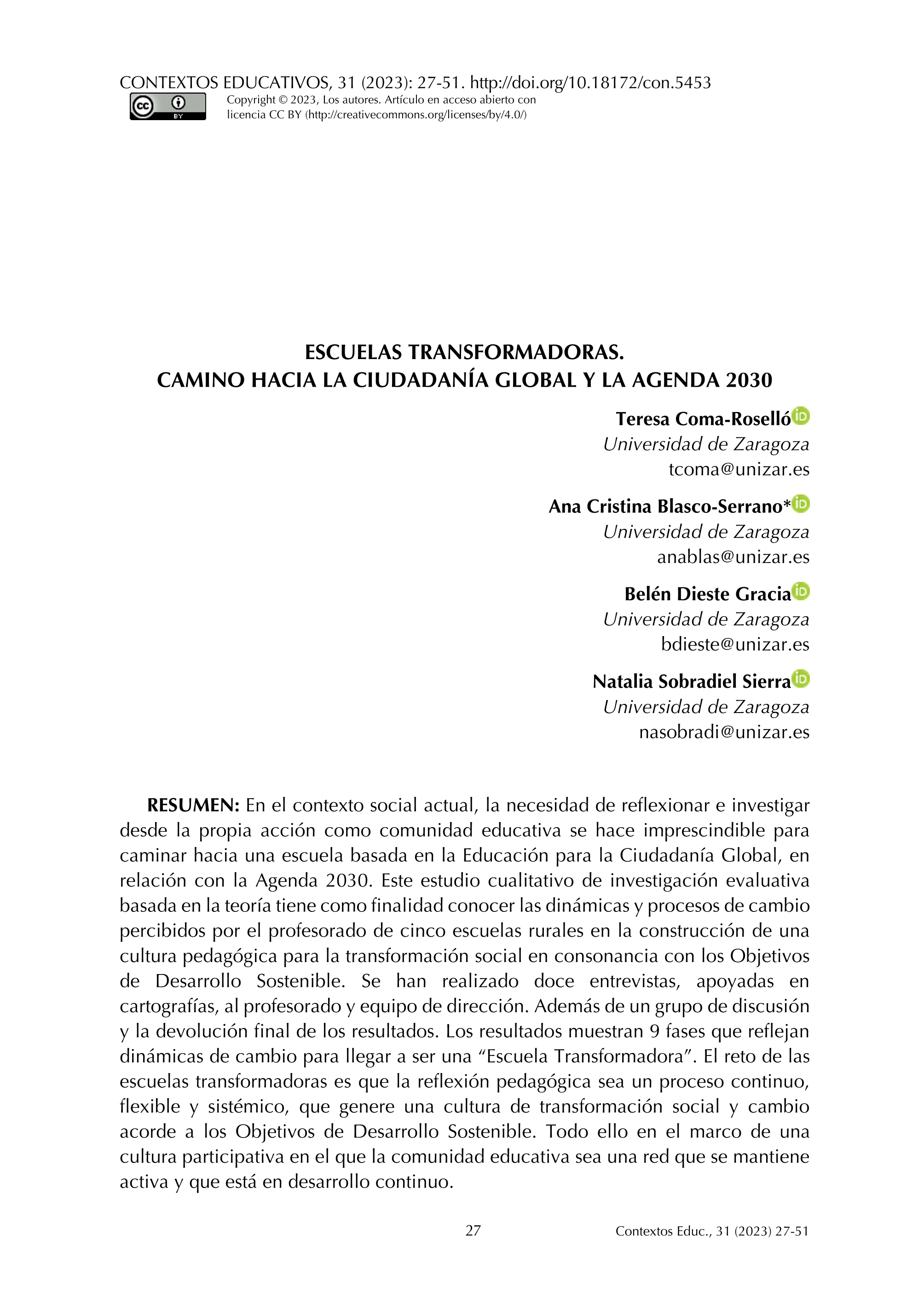 Escuelas transformadoras. Camino hacia la ciudadanía global y la agenda 2030