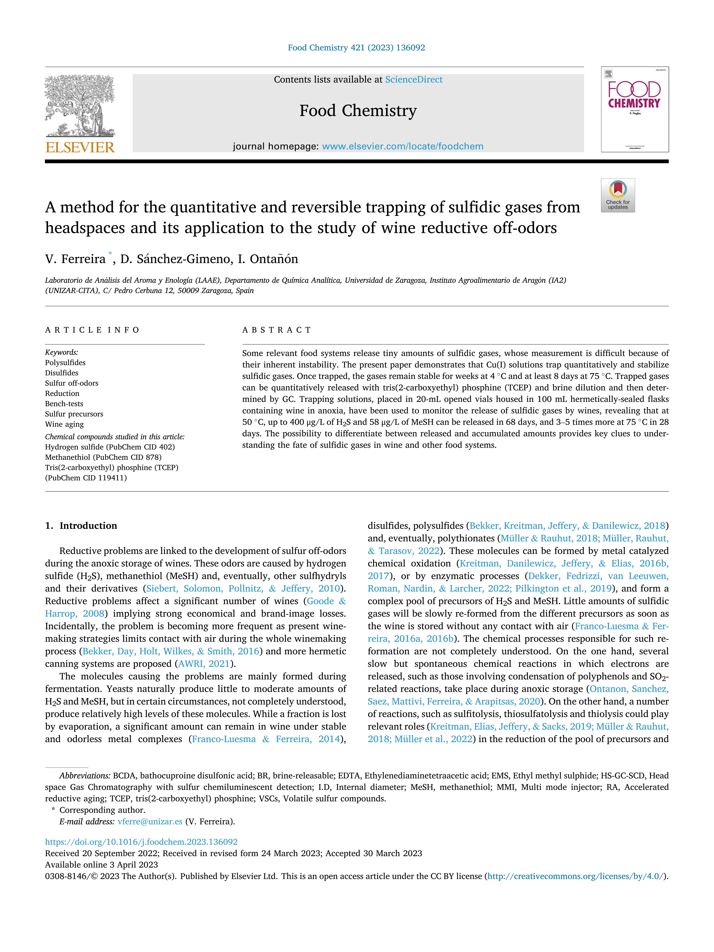 A method for the quantitative and reversible trapping of sulfidic gases from headspaces and its application to the study of wine reductive off-odors