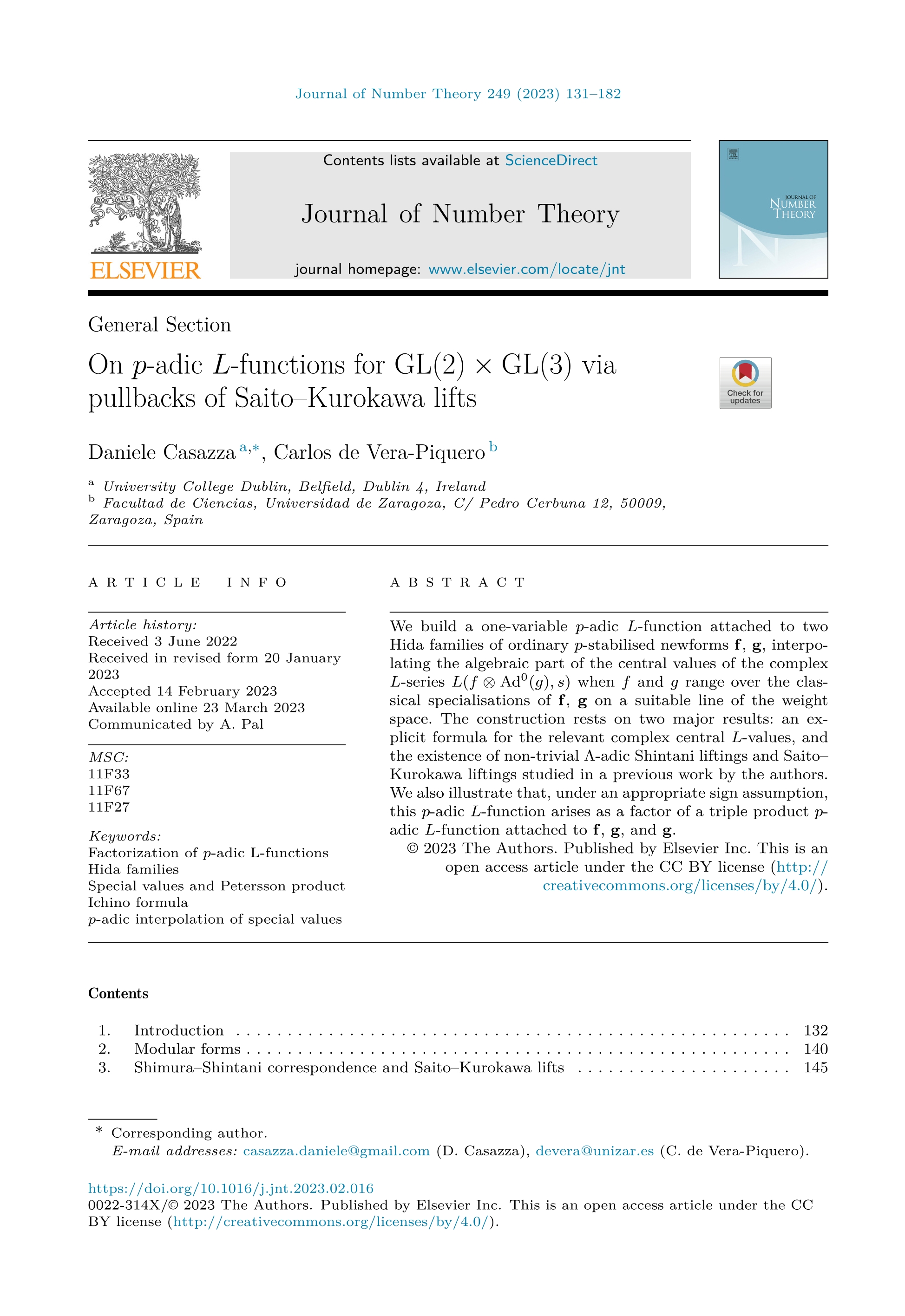 On p-adic L-functions for GL(2)×GL(3) via pullbacks of Saito–Kurokawa lifts