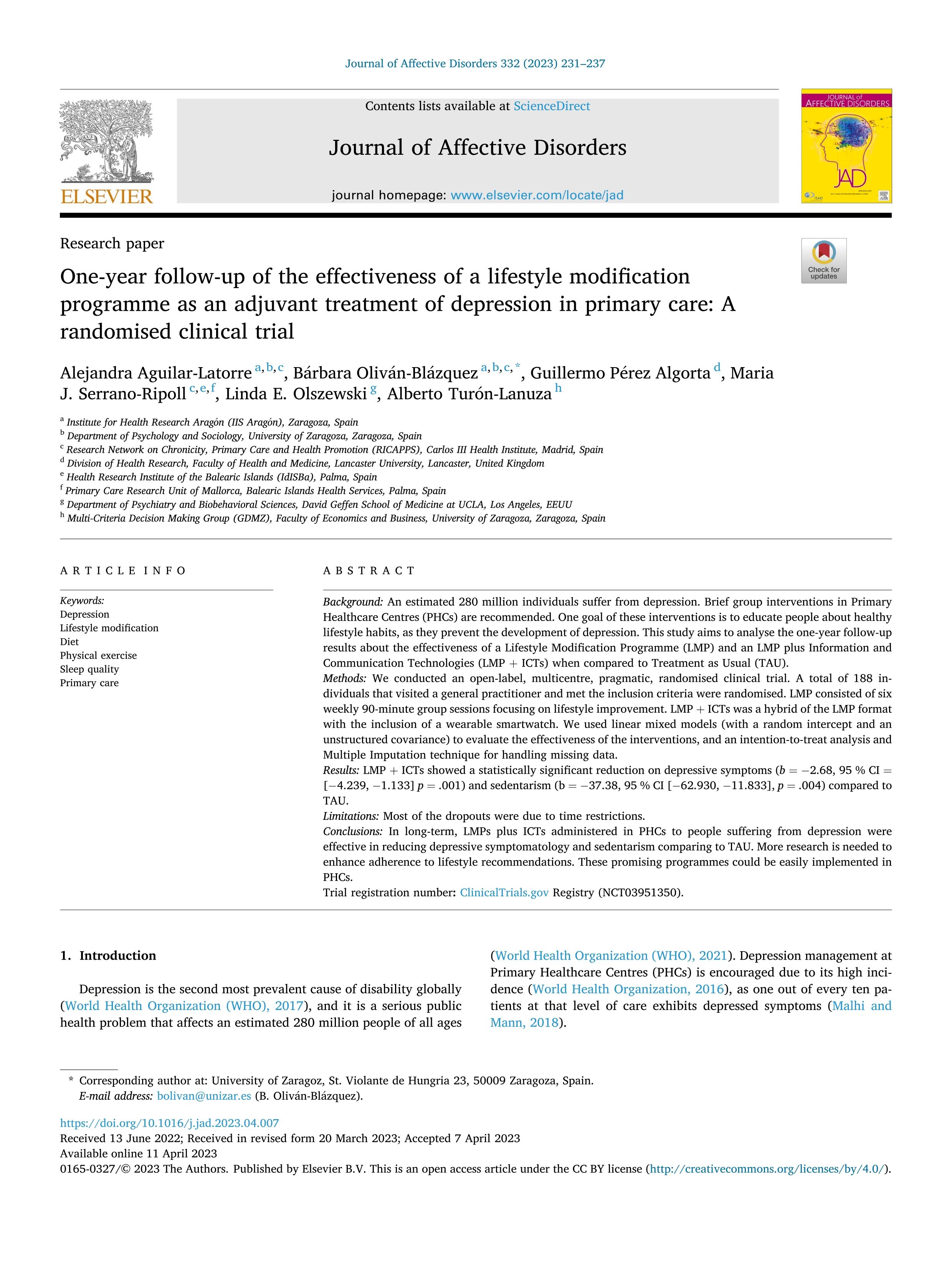 One-year follow-up of the effectiveness of a lifestyle modification programme as an adjuvant treatment of depression in primary care: a randomised clinical trial