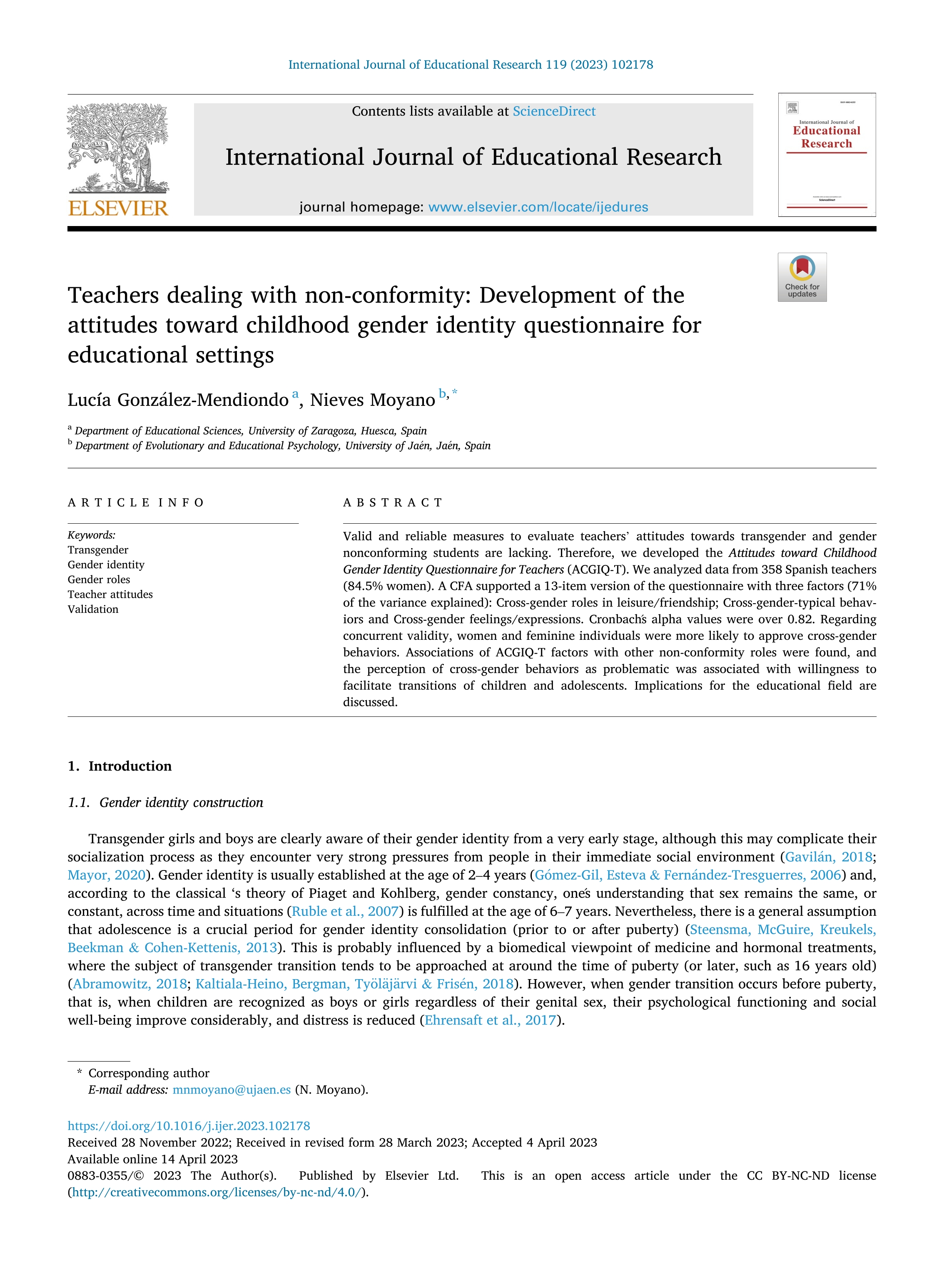 Teachers dealing with non-conformity: Development of the attitudes toward childhood gender identity questionnaire for educational settings