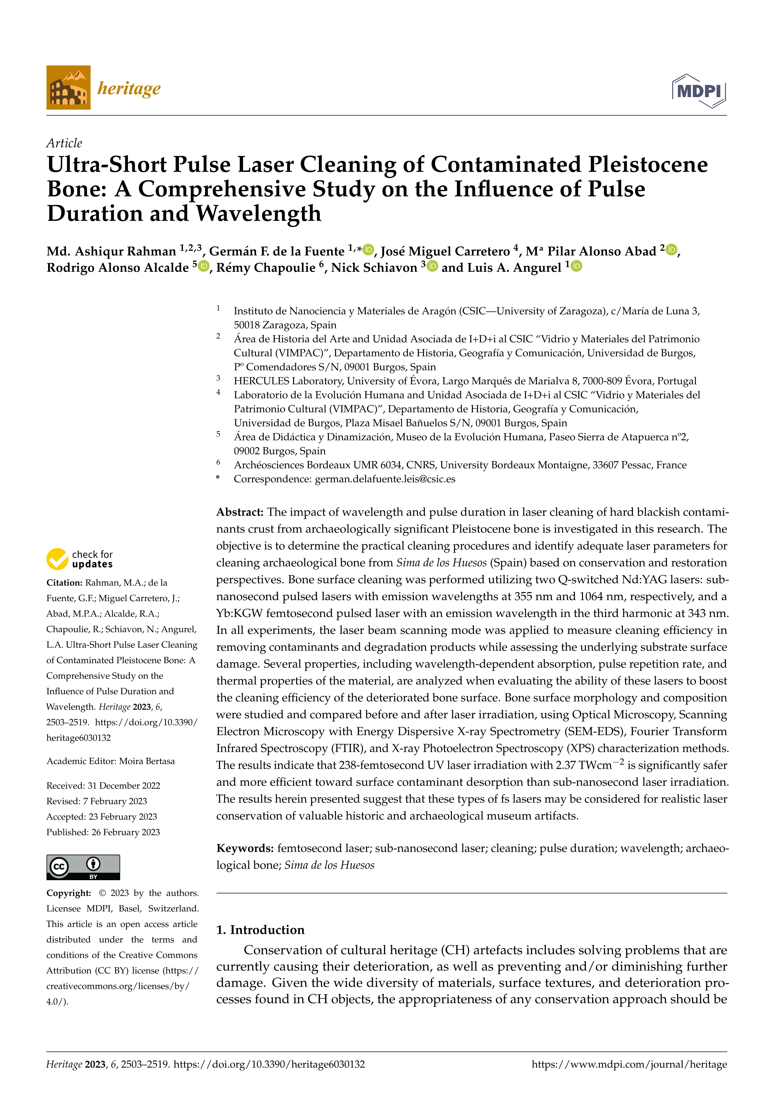 Ultra-Short Pulse Laser Cleaning of Contaminated Pleistocene Bone: A Comprehensive Study on the Influence of Pulse Duration and Wavelength