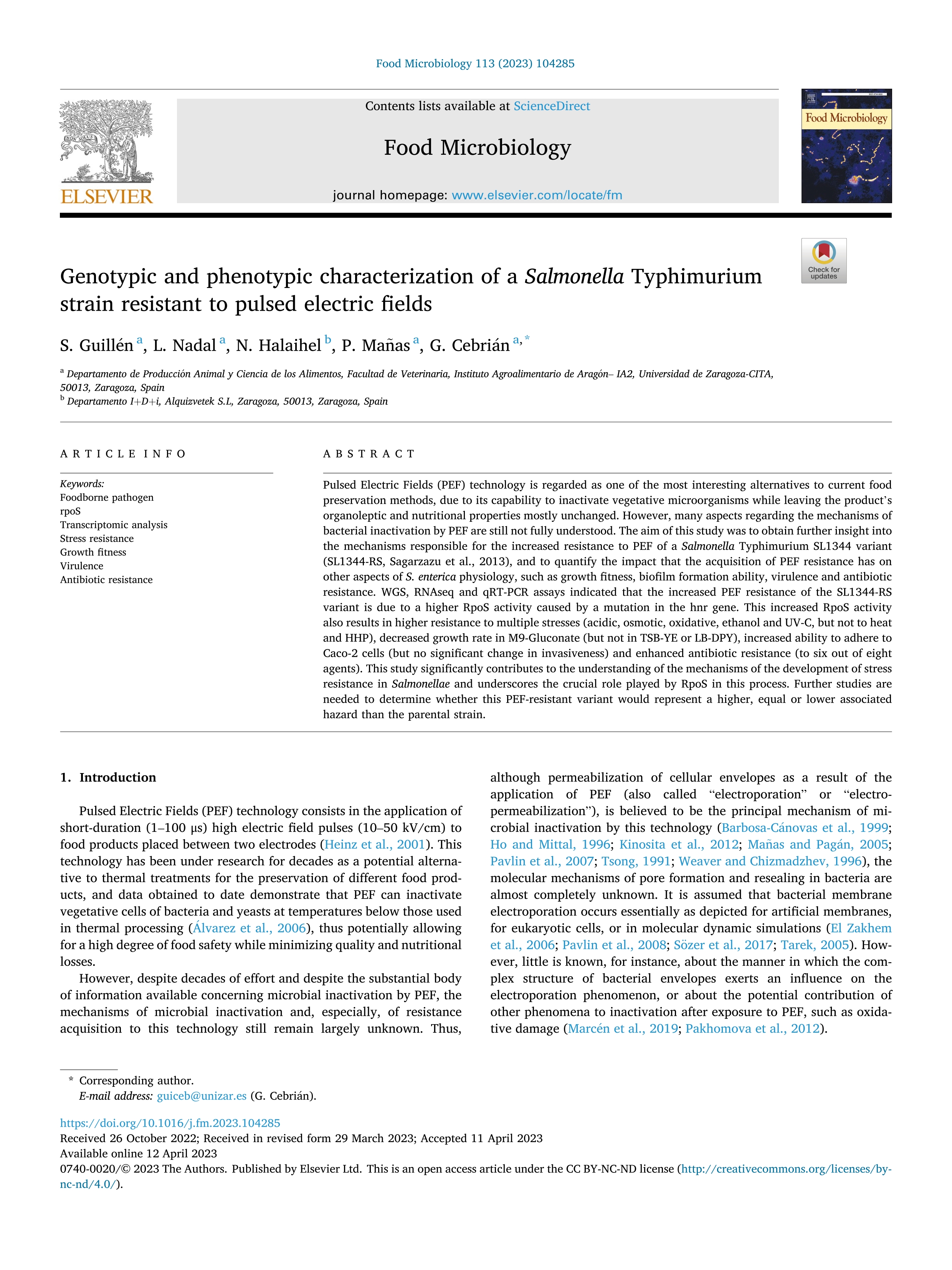 Genotypic and phenotypic characterization of a Salmonella Typhimurium strain resistant to pulsed electric fields