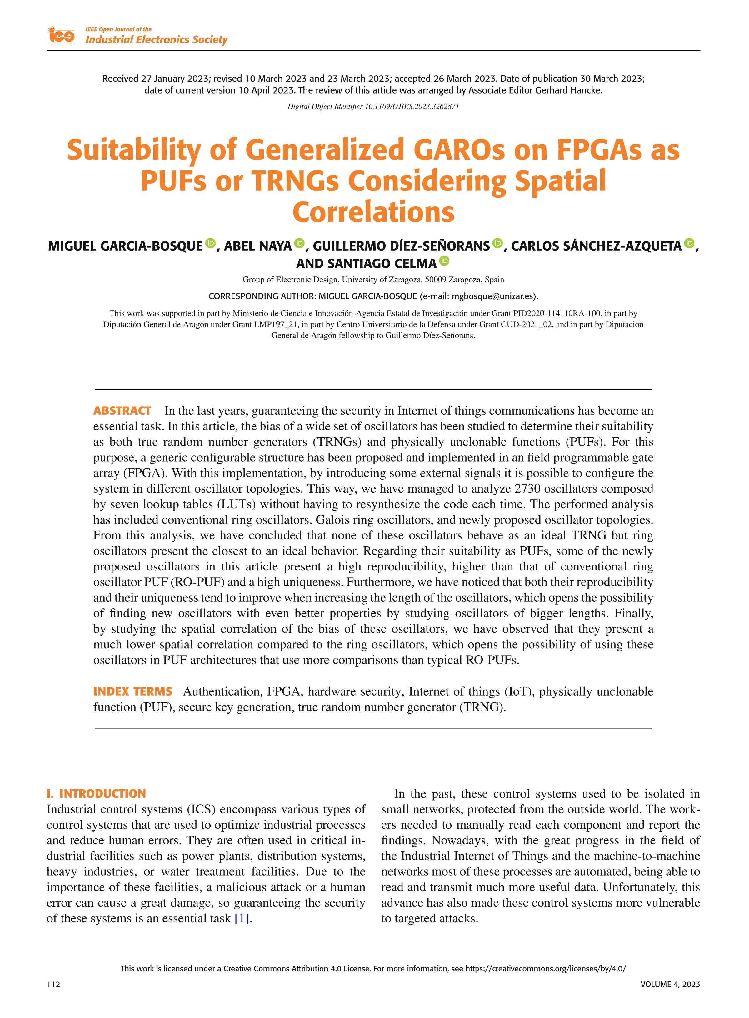 Suitability of Generalized GAROs on FPGAs as PUFs or TRNGs considering spatial correlations