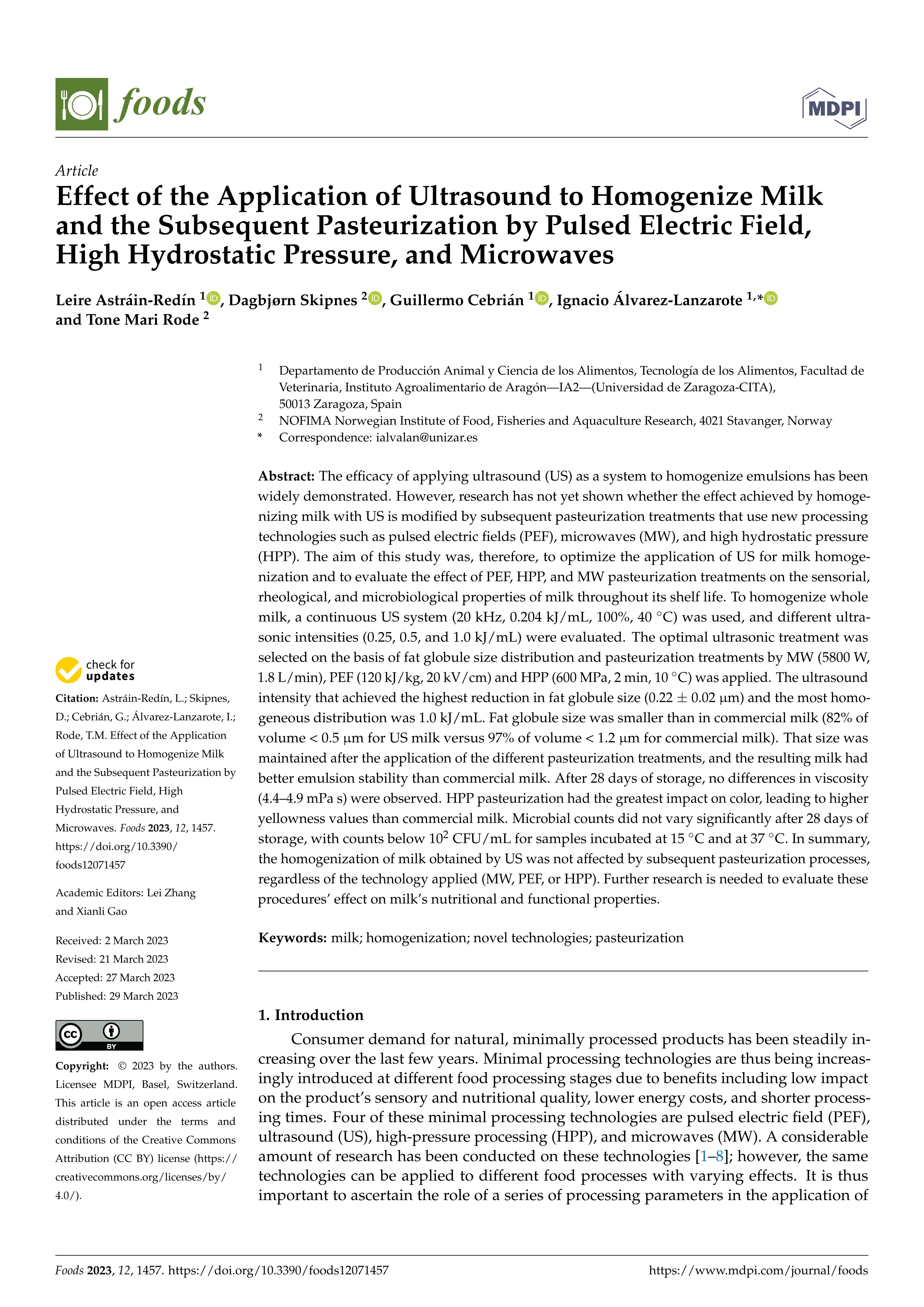 Effect of the application of ultrasound to homogenize milk and the subsequent pasteurization by pulsed electric field, high hydrostatic pressure, and microwaves