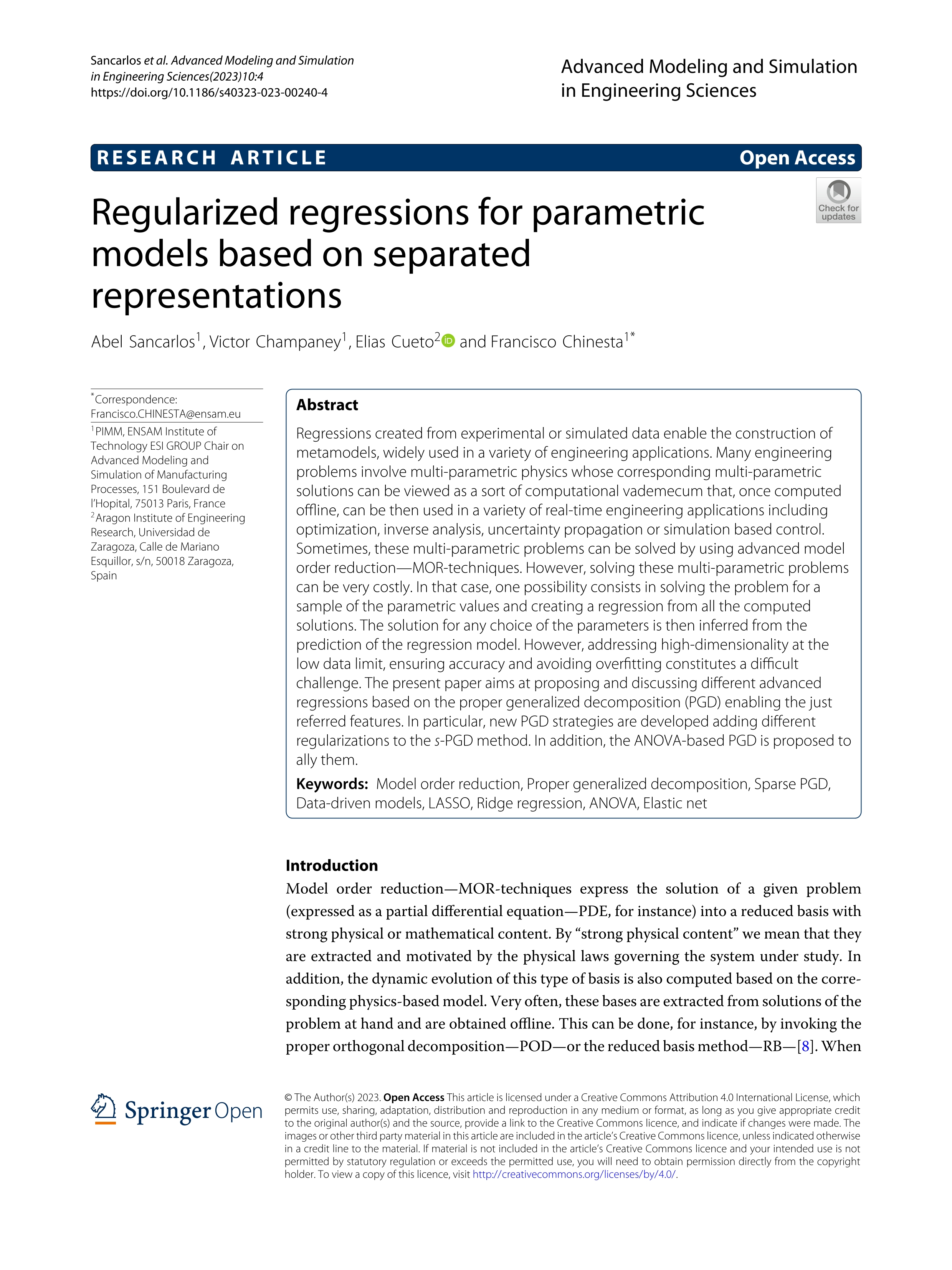 Regularized regressions for parametric models based on separated representations