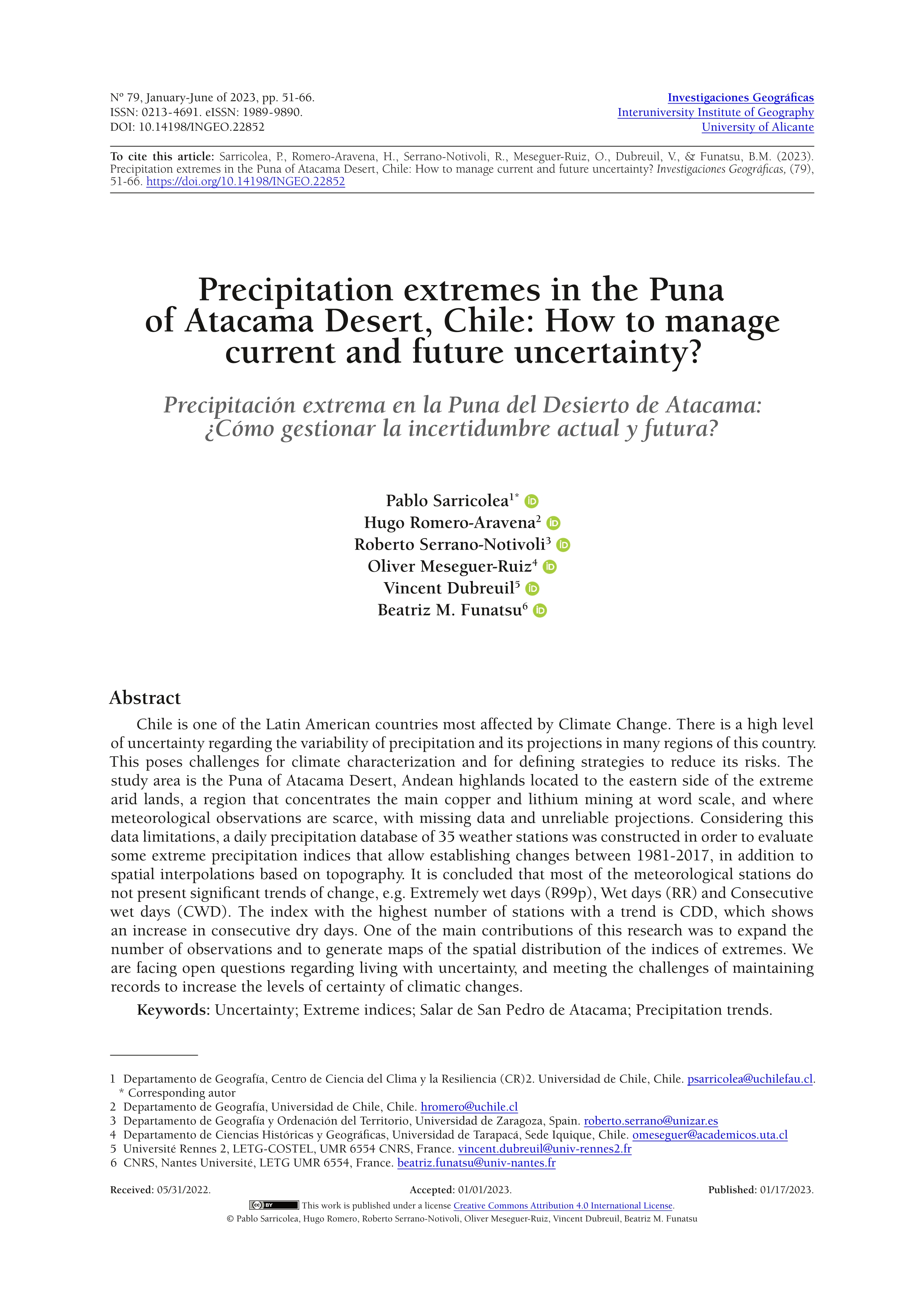 Precipitation extremes in the Puna of Atacama Desert, Chile: How to manage current and future uncertainty?