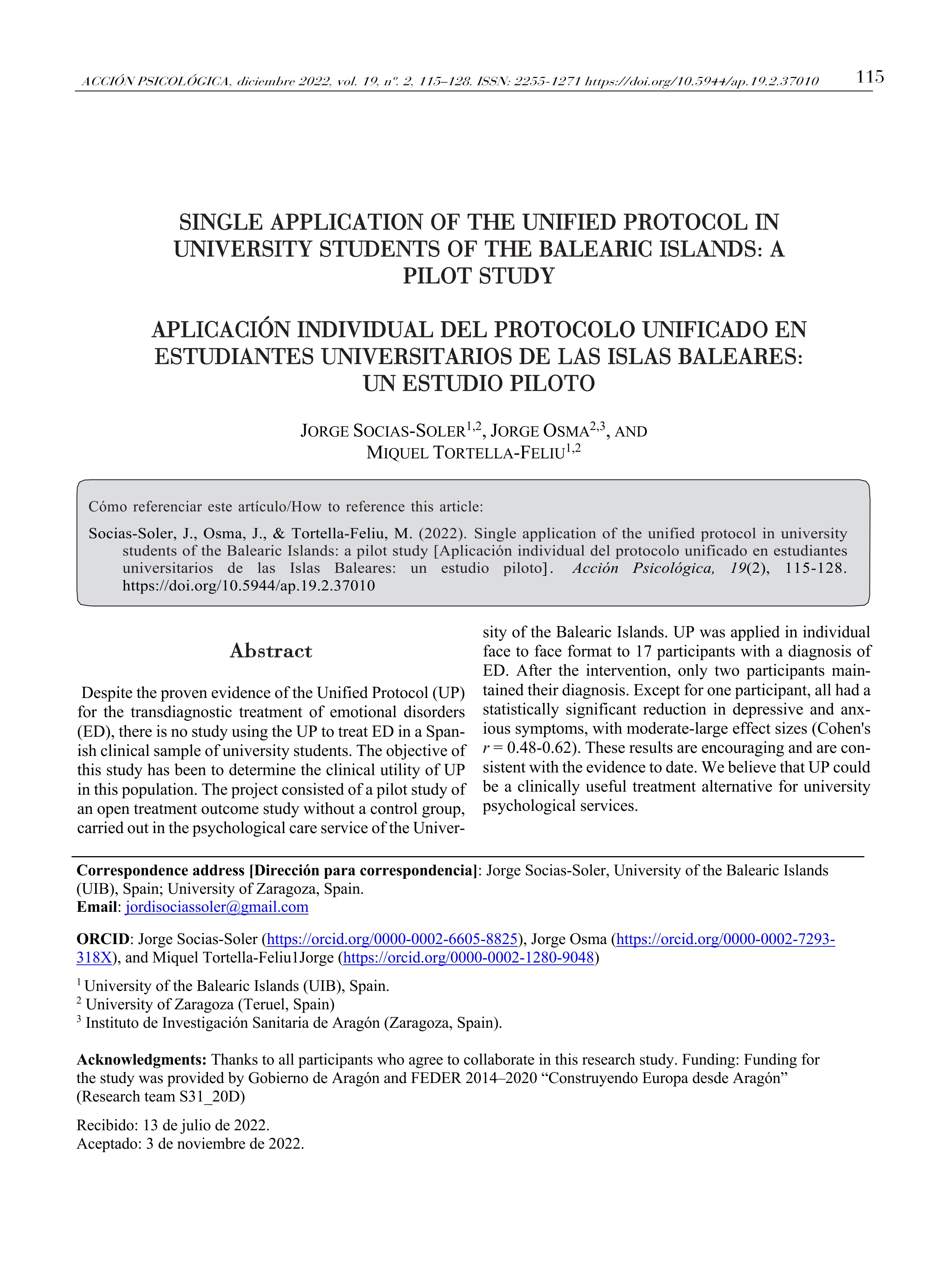 Single application of the unified protocol in university students of the Balearic Islands: a pilot study