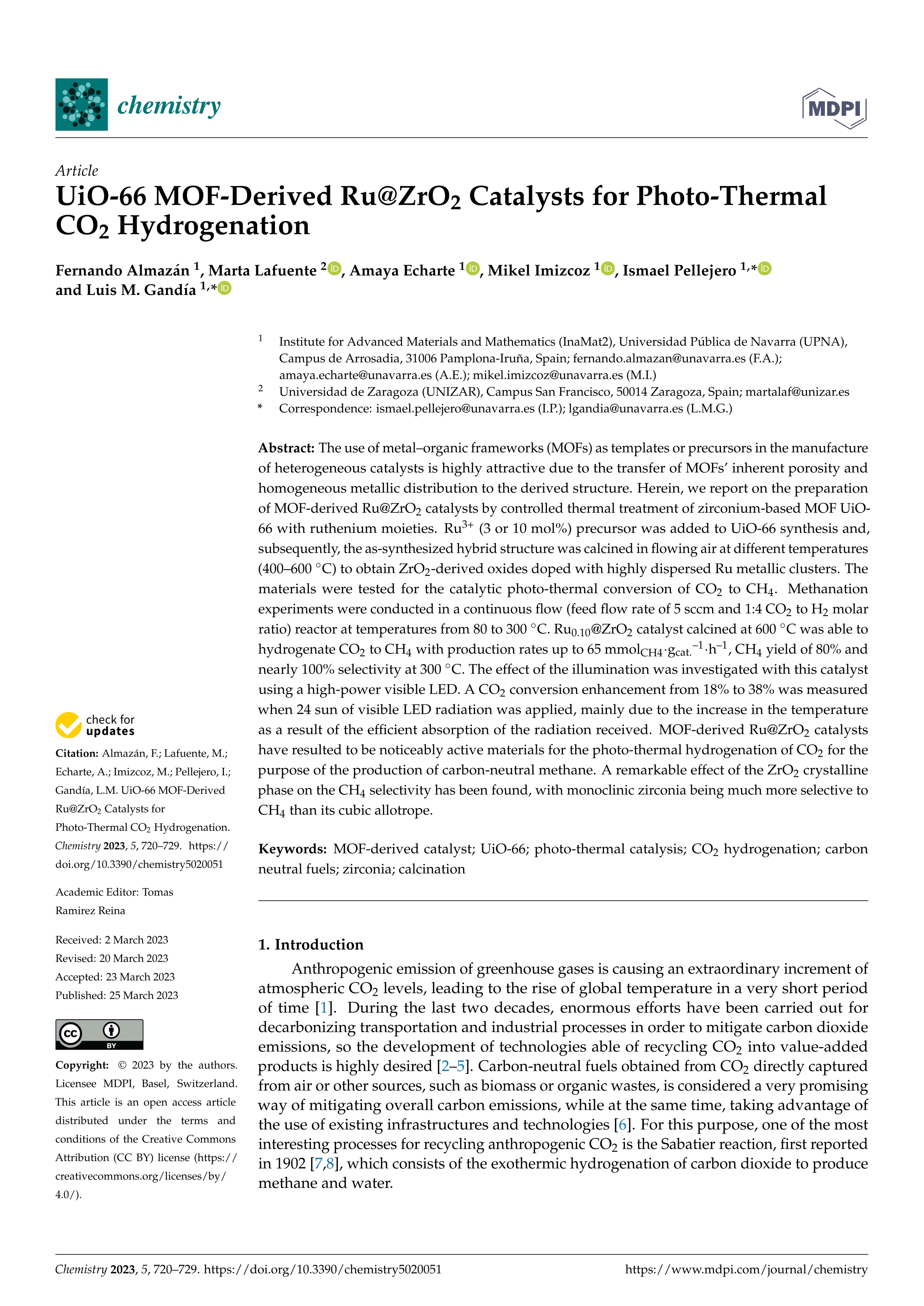 UiO-66 MOF-Derived Ru@ZrO2 Catalysts for Photo-Thermal CO2 Hydrogenation