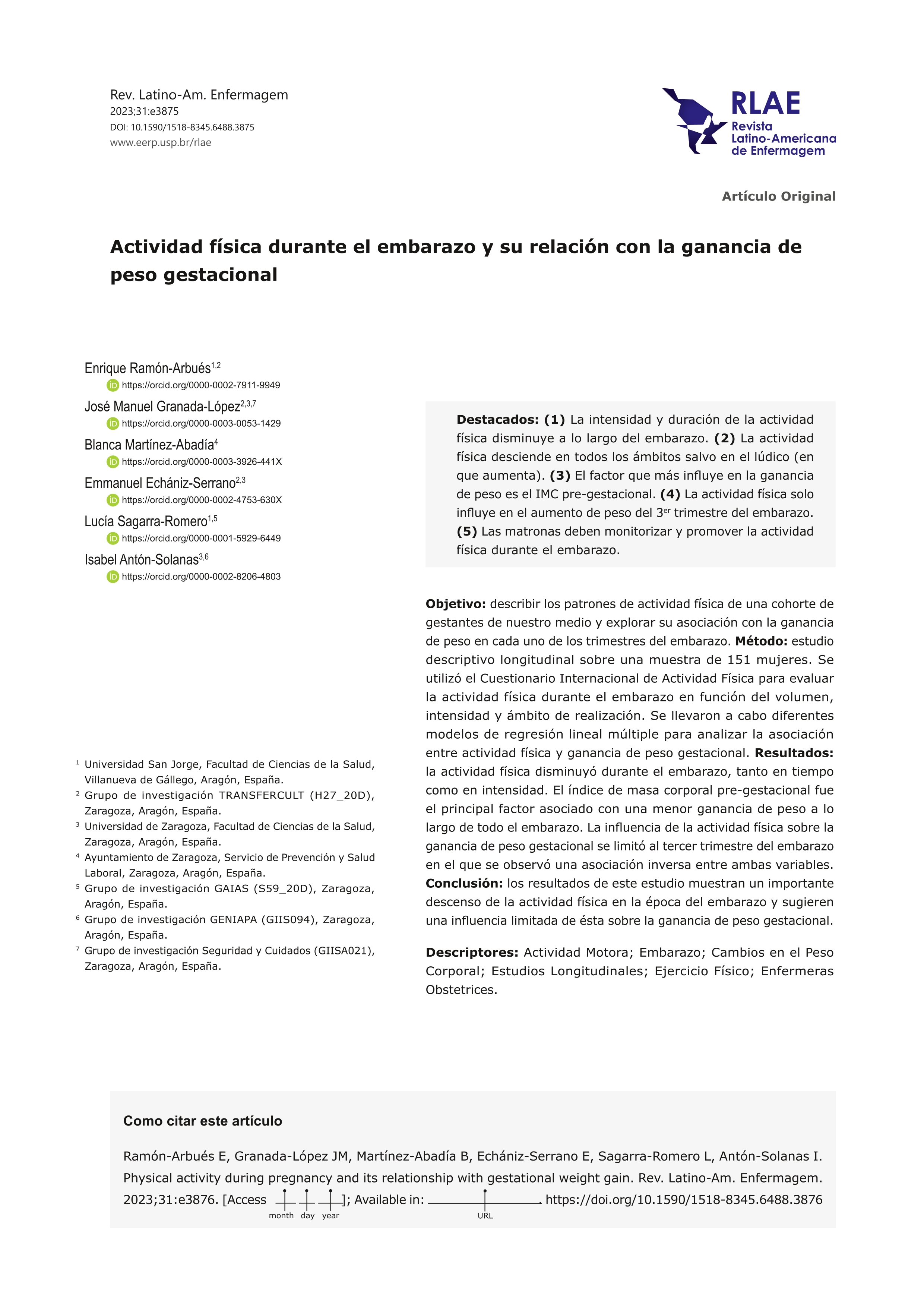 Actividad física durante el embarazo y su relación con la ganancia de peso gestacional