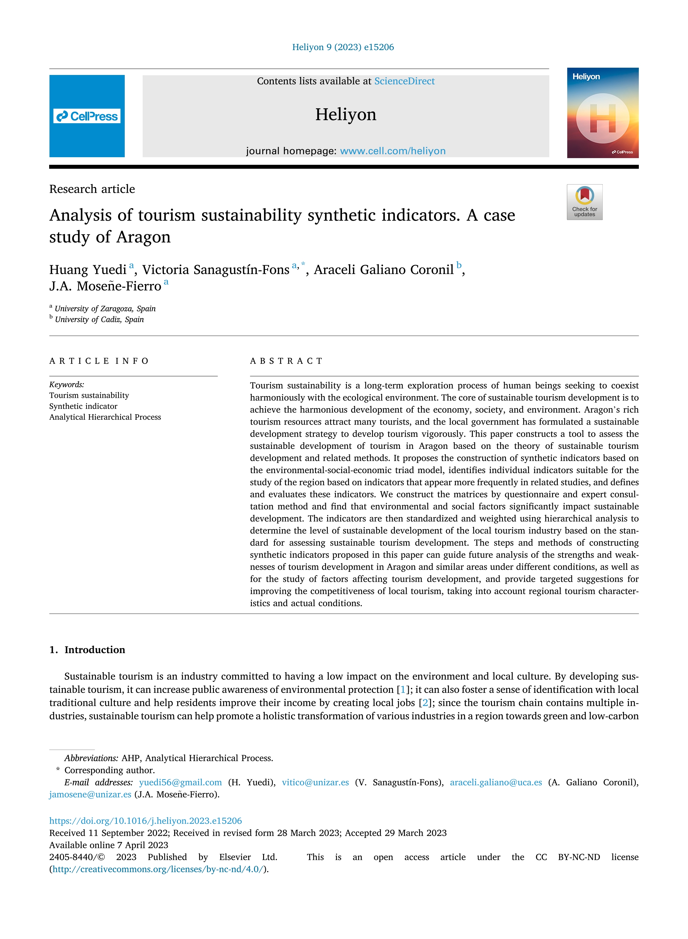 Analysis of tourism sustainability synthetic indicators. A case study of Aragon