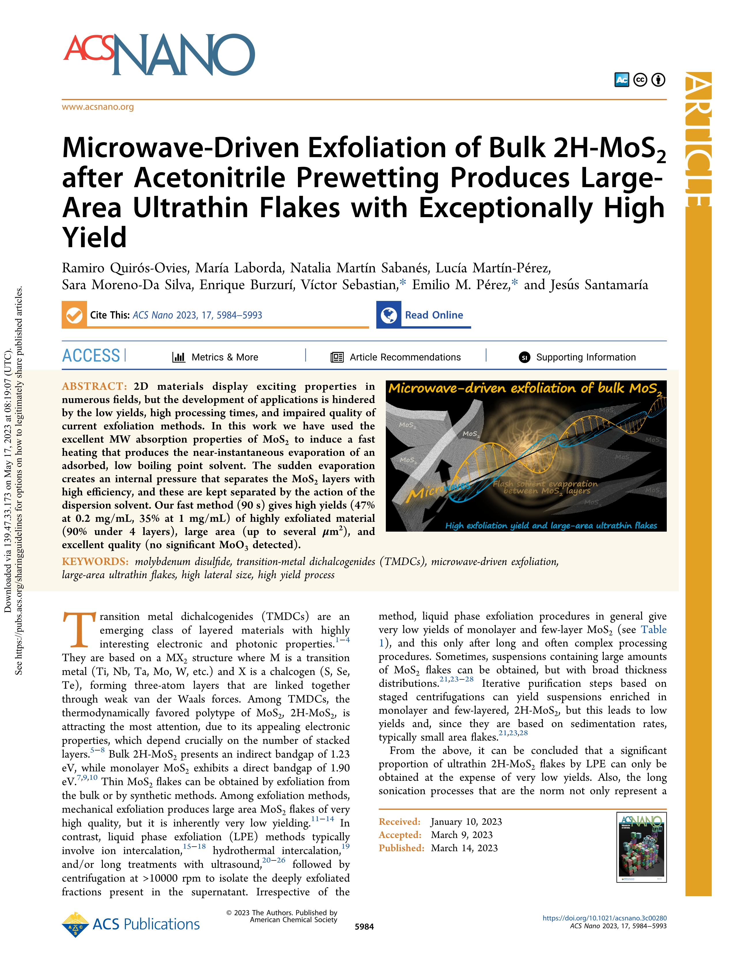 Microwave-driven exfoliation of bulk 2H-MoS[sub]2 after acetonitrile prewetting produces large-area ultrathin flakes with exceptionally high yield