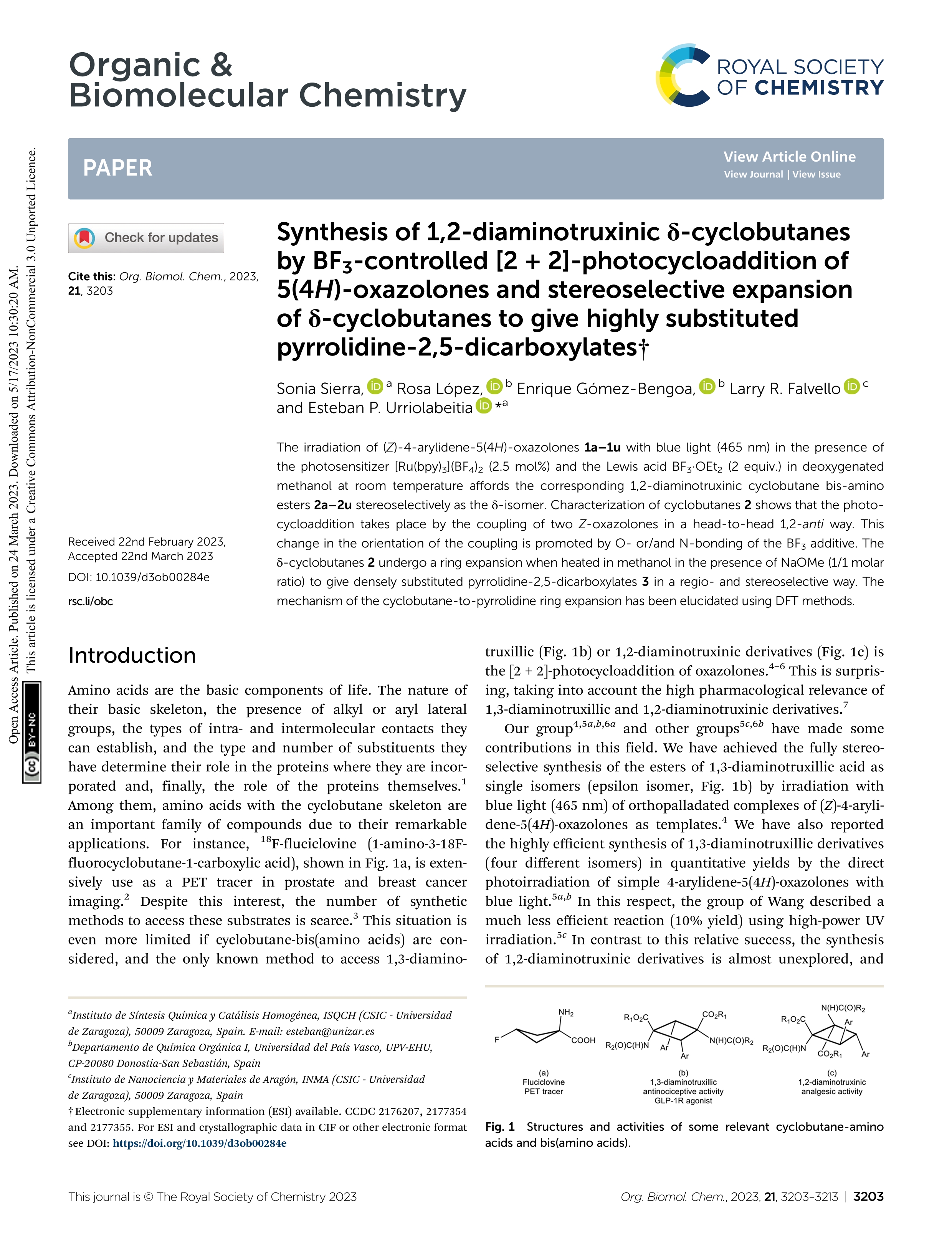 Synthesis of 1,2-diaminotruxinic d-cyclobutanes by BF<sub>3</sub>-controlled [2 + 2]-photocycloaddition of 5(4<i>H</i>)-oxazolones and stereoselective expansion of d-cyclobutanes to give highly substituted pyrrolidine-2,5-dicarboxylates