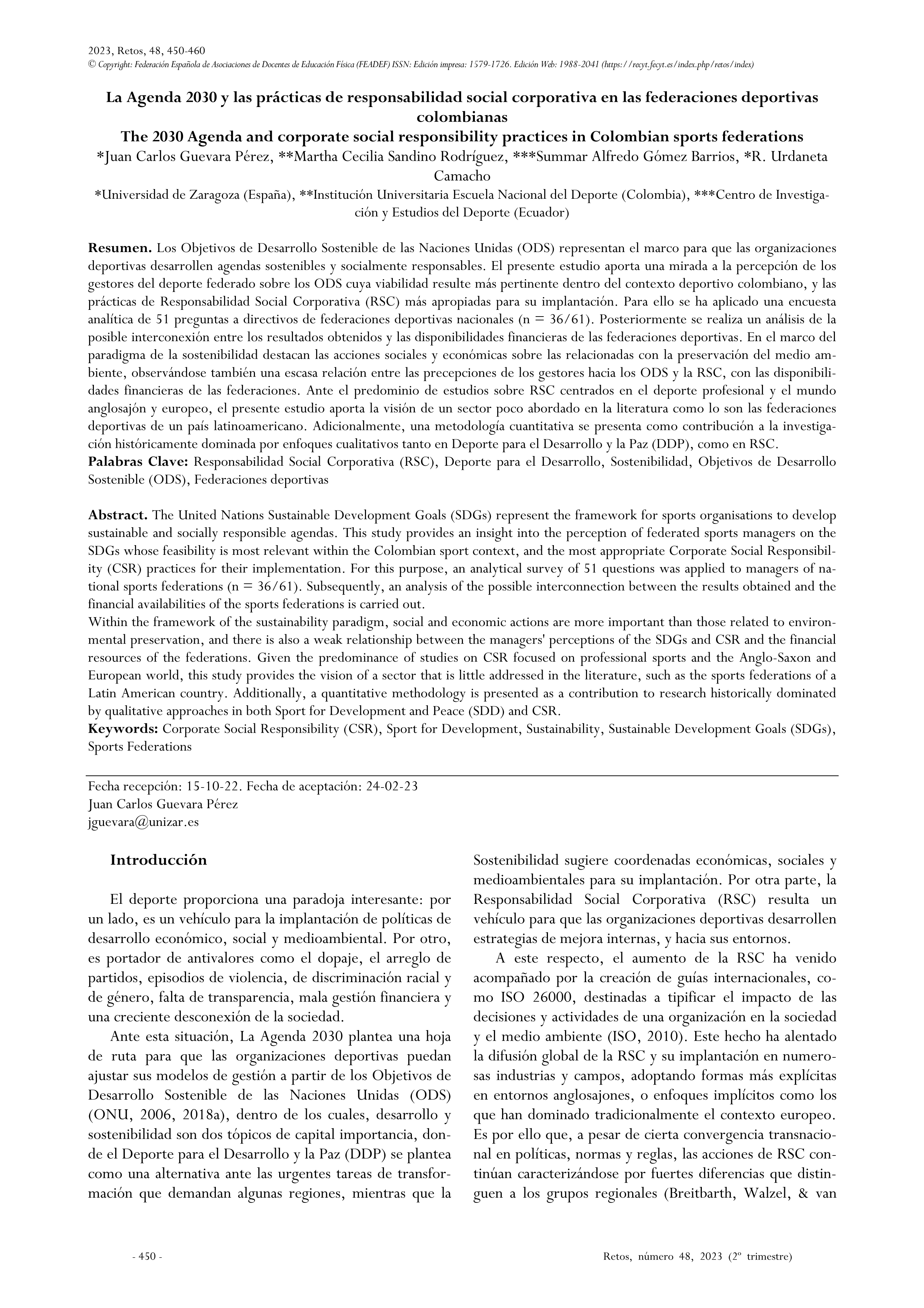 La Agenda 2030 y las prácticas de responsabilidad social corporativa en las federaciones deportivas colombianas (The 2030 Agenda and corporate social responsibility practices in Colombian sports federations)