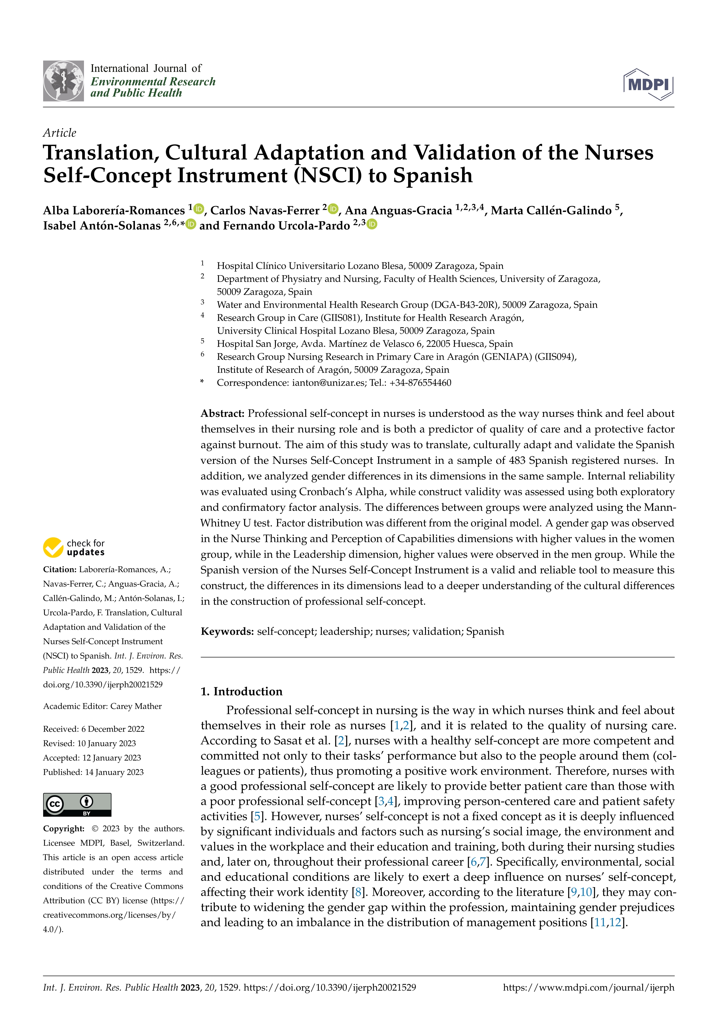 Translation, cultural adaptation and validation of the nurses self-concept instrument (NSCI) to Spanish