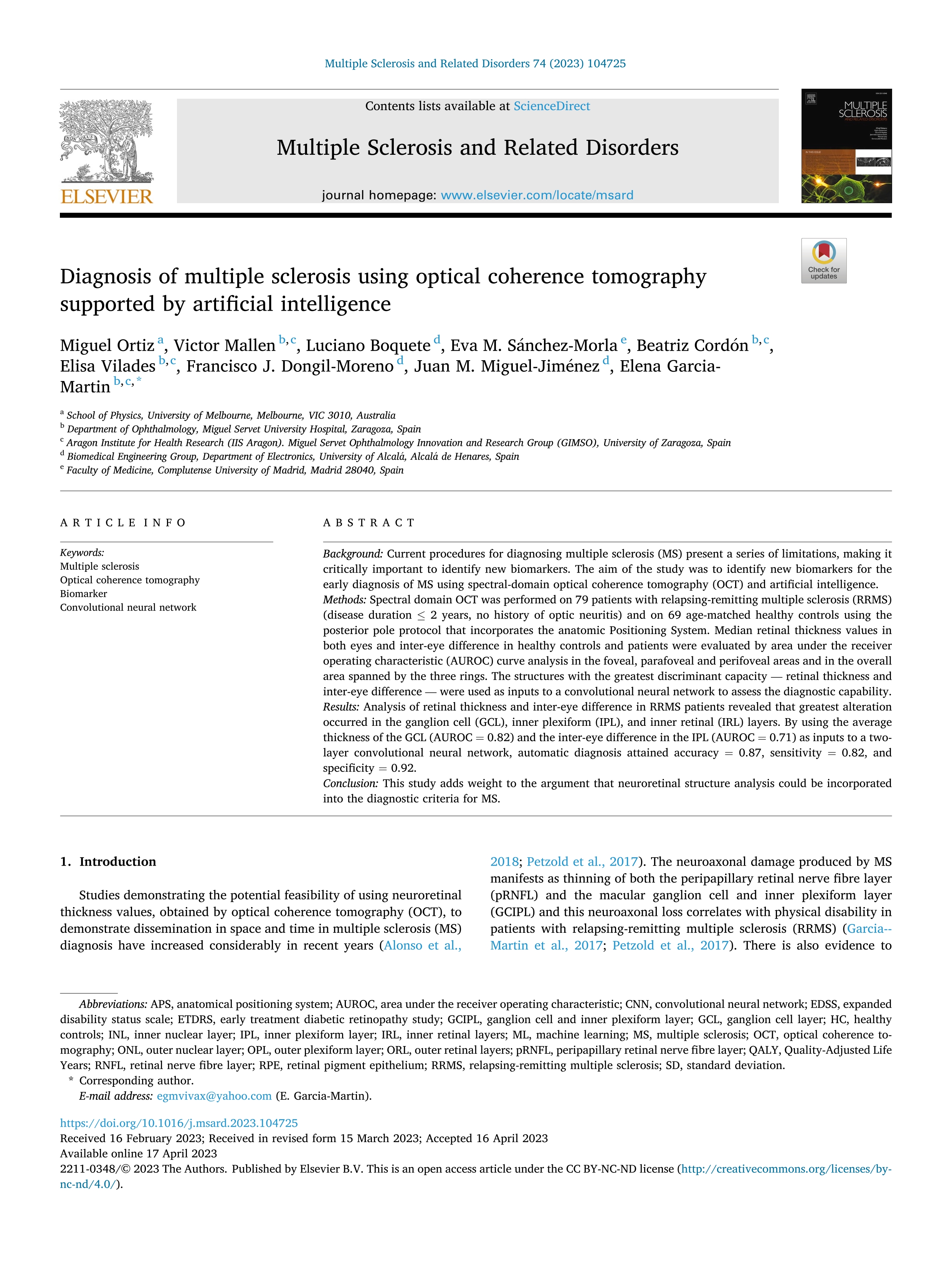 Diagnosis of multiple sclerosis using optical coherence tomography supported by artificial intelligence