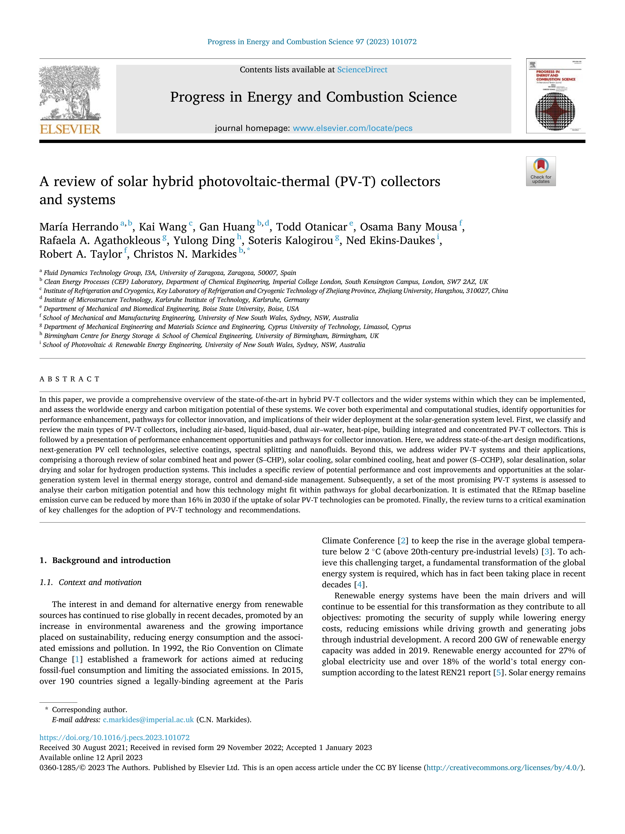 A review of solar hybrid photovoltaic-thermal (PV-T) collectors and systems