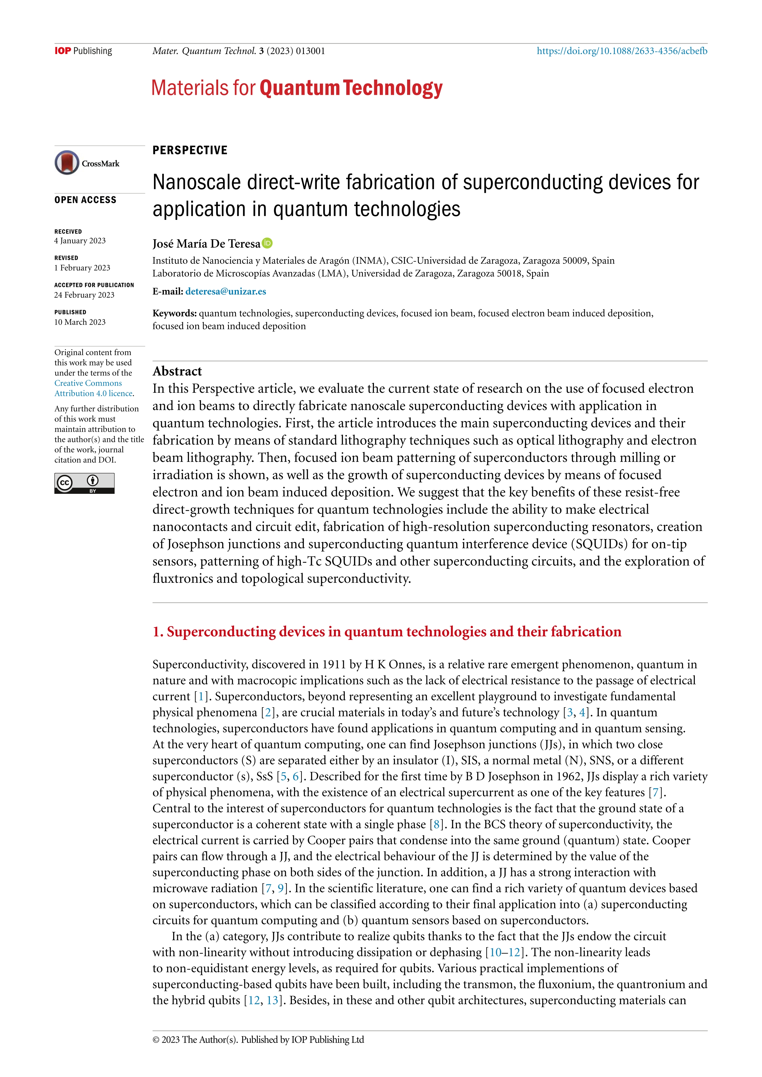 Nanoscale direct-write fabrication of superconducting devices for application in quantum technologies