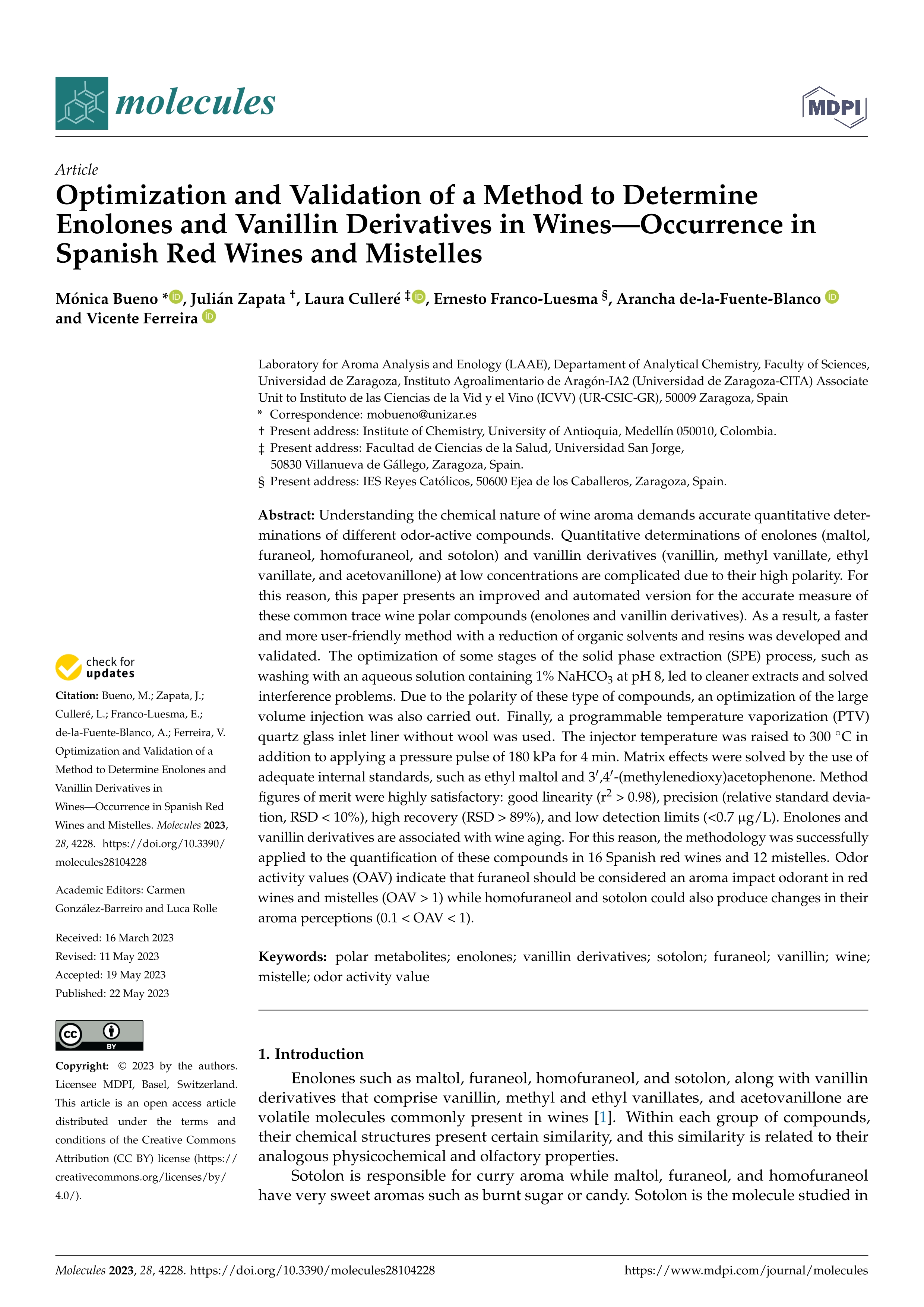 Optimization and Validation of a Method to Determine Enolones and Vanillin Derivatives in Wines—Occurrence in Spanish Red Wines and Mistelles