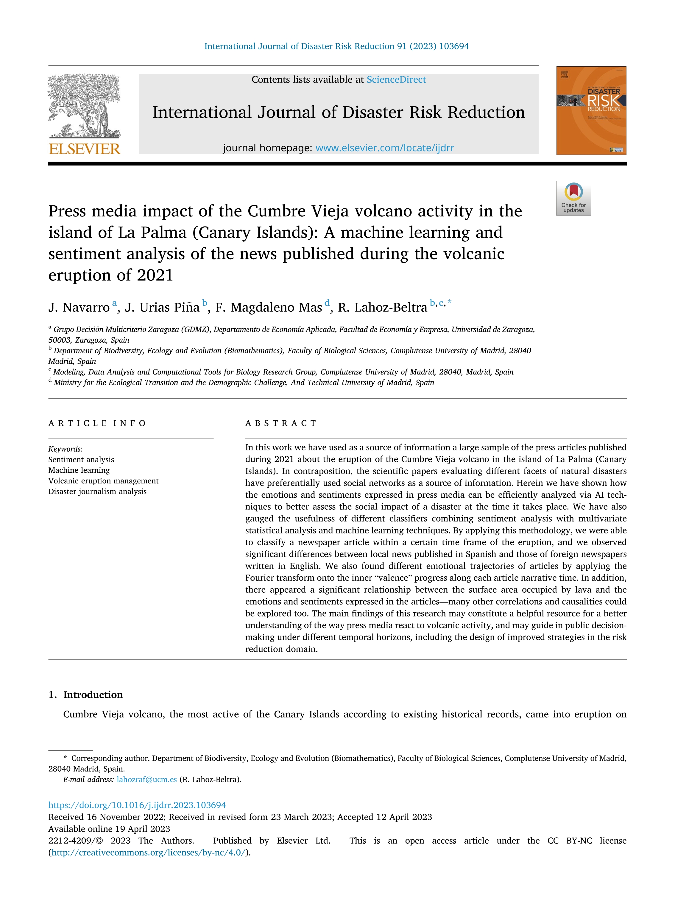 Press media impact of the Cumbre Vieja volcano activity in the island of La Palma (Canary Islands): A machine learning and sentiment analysis of the news published during the volcanic eruption of 2021