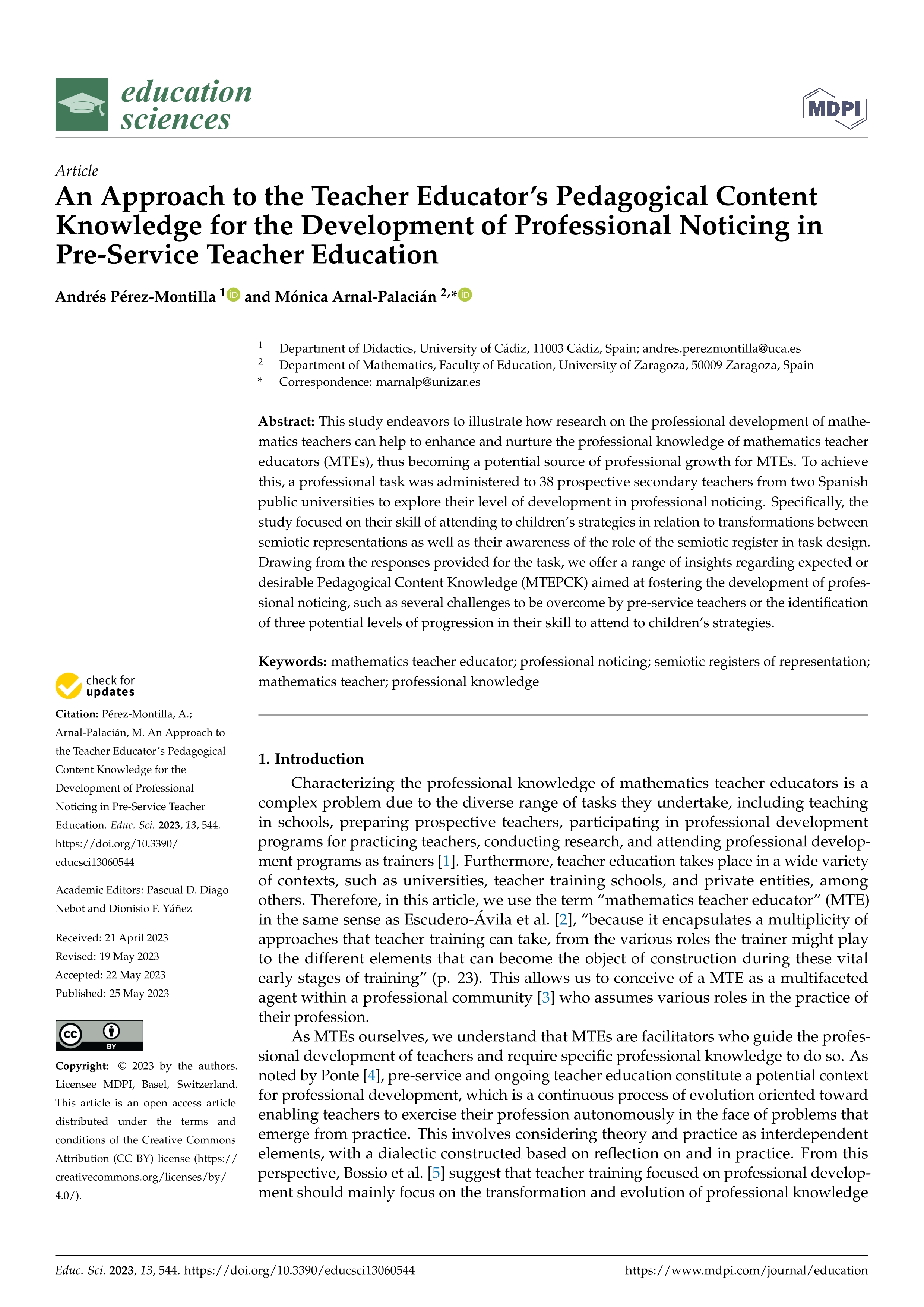 An approach to the teacher educator’s pedagogical content knowledge for the development of professional noticing in pre-service teacher education