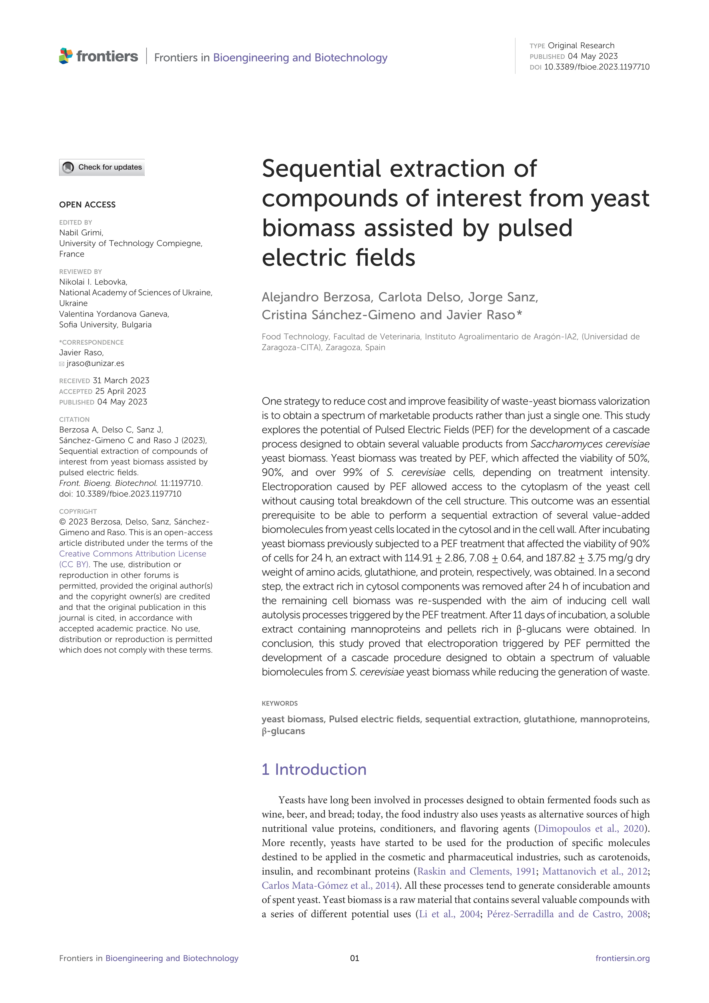 Sequential extraction of compounds of interest from yeast biomass assisted by pulsed electric fields