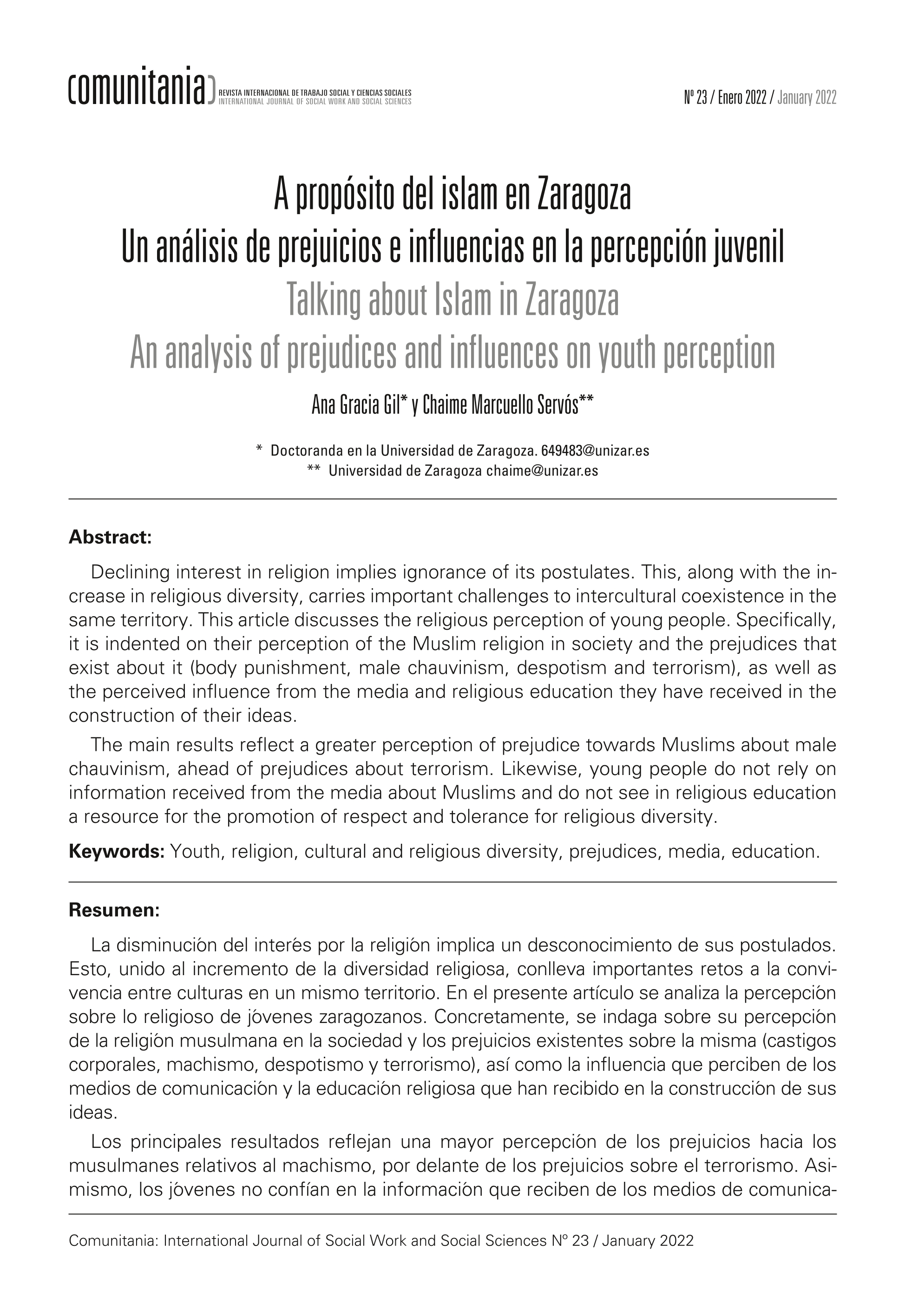 A propósito del islam en Zaragoza. Un análisis de prejuicios e influencias en la percepción juvenil