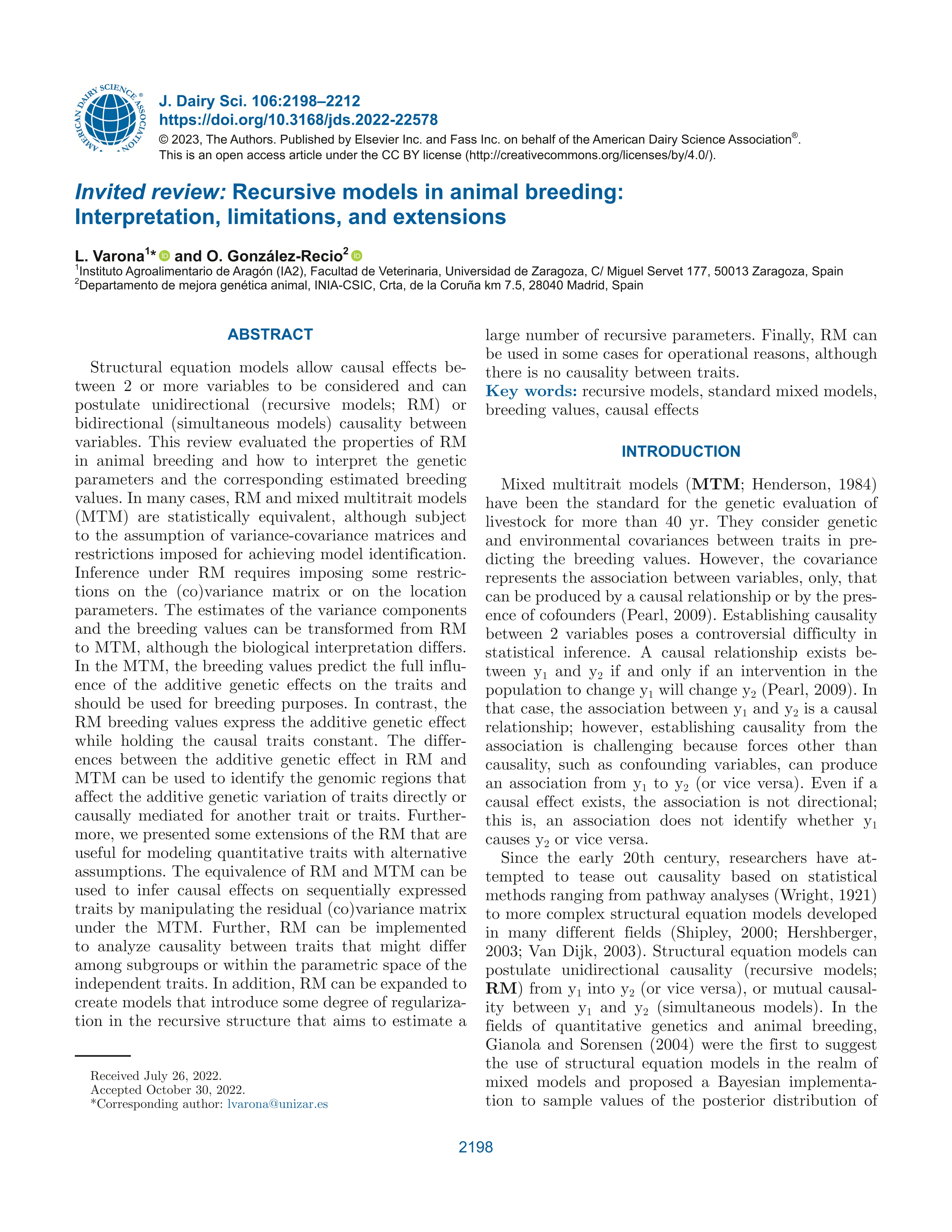 Invited review: Recursive models in animal breeding: Interpretation, limitations, and extensions