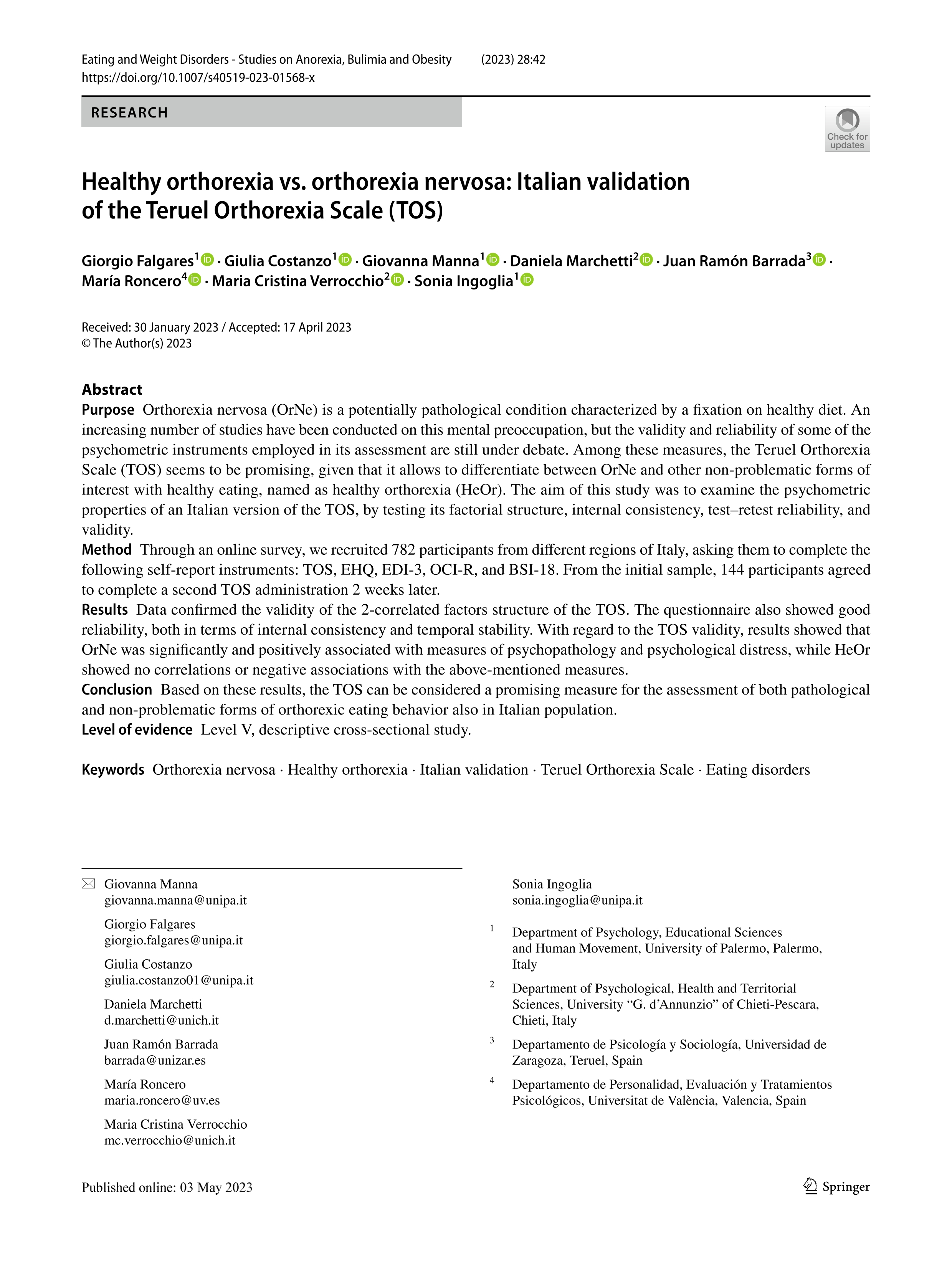 Healthy orthorexia vs. orthorexia nervosa: Italian validation of the Teruel Orthorexia Scale (TOS)
