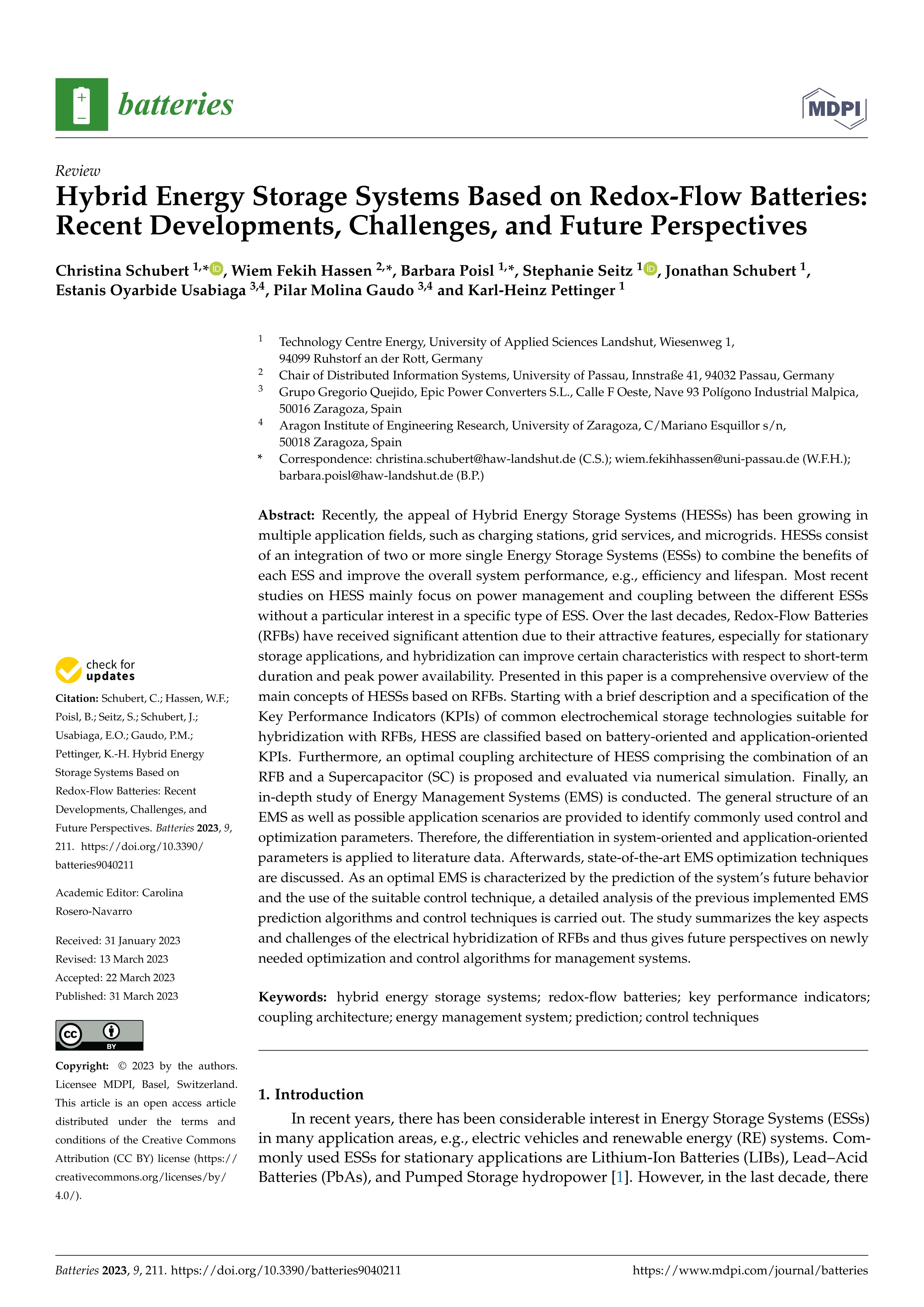 Hybrid Energy Storage Systems Based on Redox-Flow Batteries: Recent Developments, Challenges, and Future Perspectives