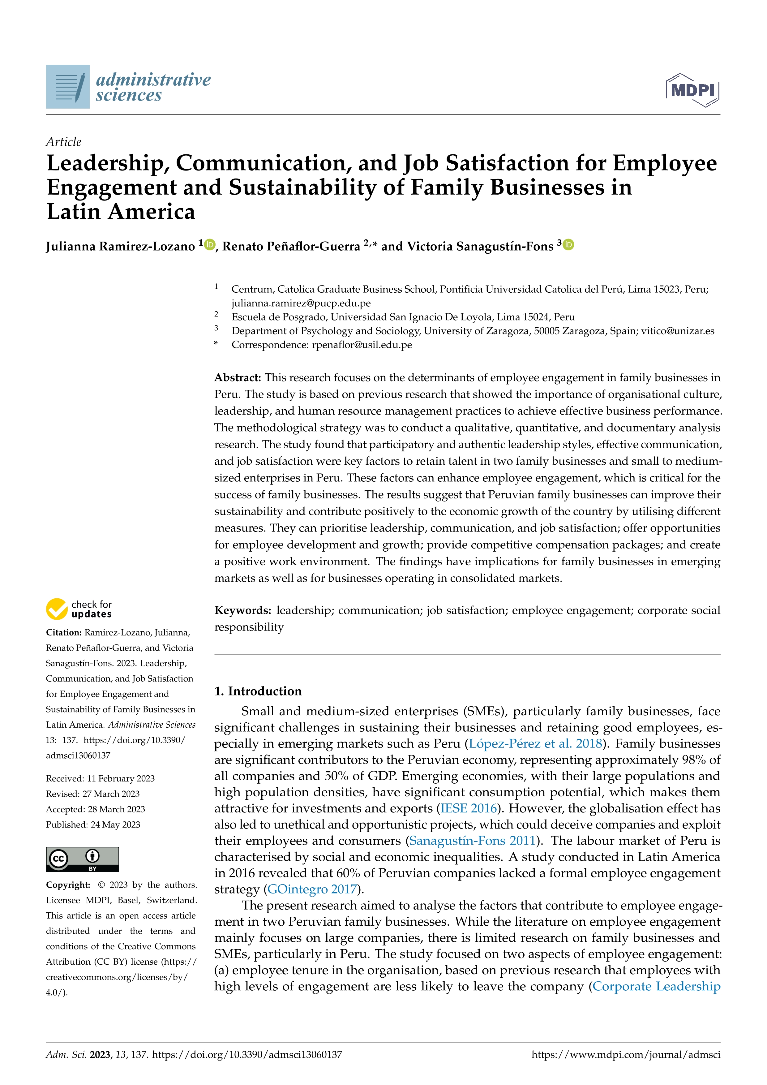 Leadership, communication, and job satisfaction for employee engagement and sustainability of family businesses in Latin America