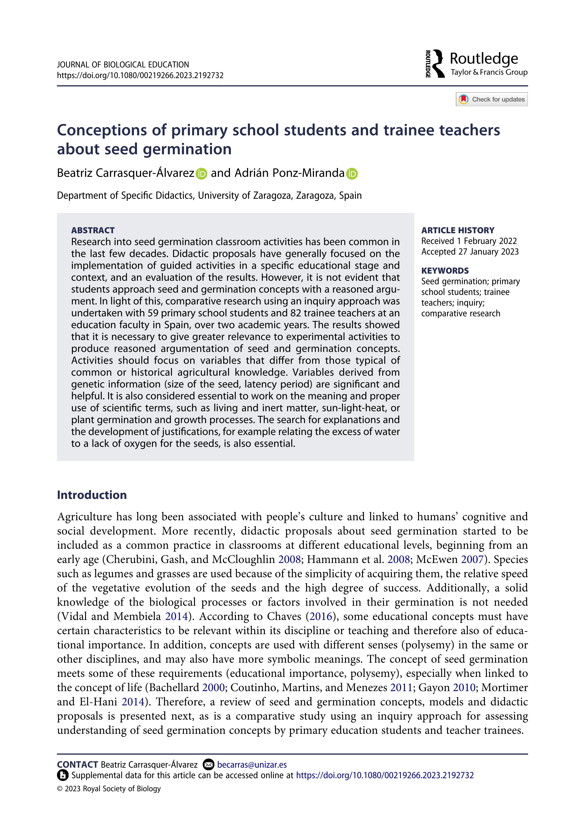 Conceptions of primary school students and trainee teachers about seed germination